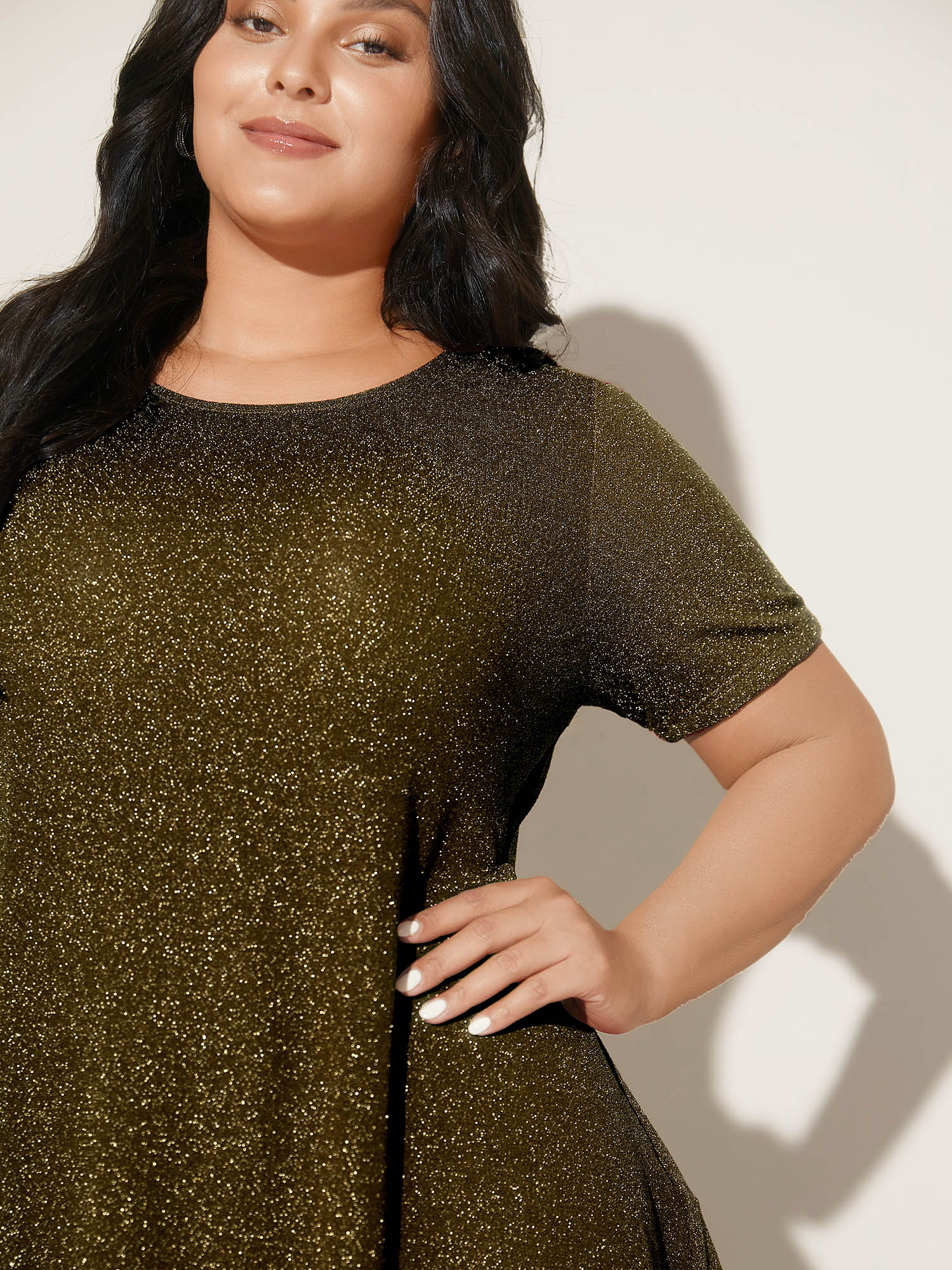 Plus Size Shimmering Gold & Silver Thread A-Line Tee Gold Women Casual Non Round Neck Loose Everyday T-shirts BloomChic 14-16/1X 