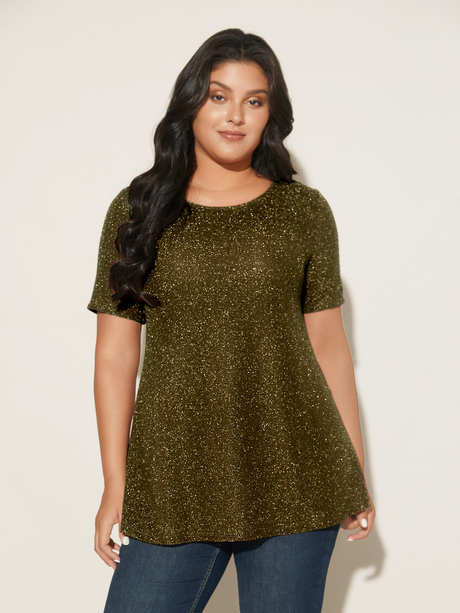 

Plus Size Shimmering Gold & Silver Thread A-Line Tee Gold Women Casual Non Round Neck Loose Everyday T-shirts BloomChic