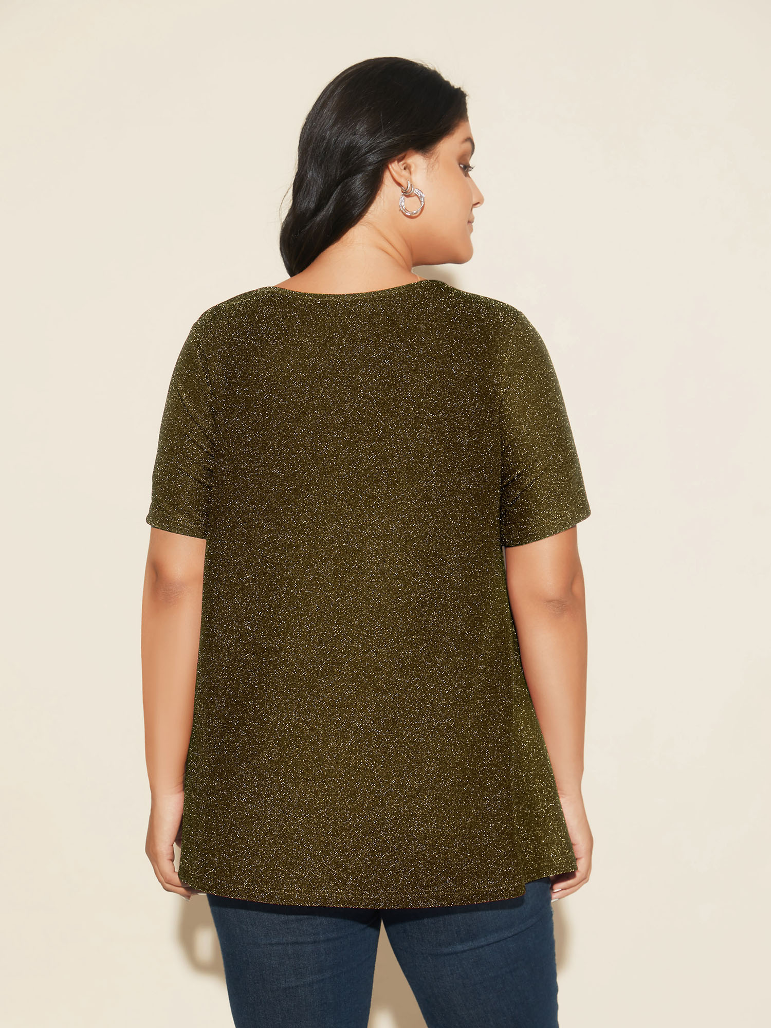 Plus Size Shimmering Gold & Silver Thread A-Line Tee Gold Women Casual Non Round Neck Loose Everyday T-shirts BloomChic 14-16/1X 