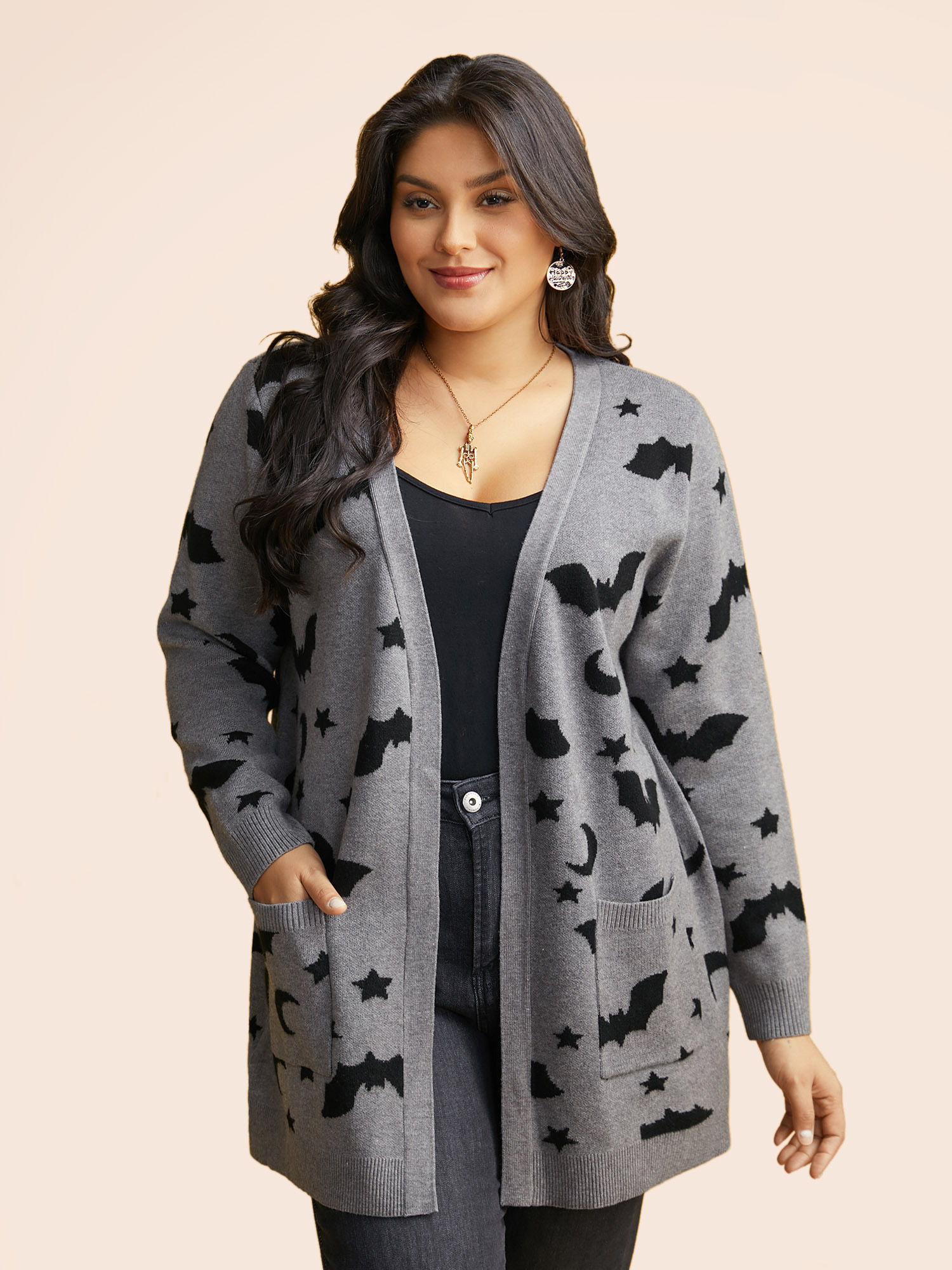 

Plus Size Bat Printed Jacquard Cardigan DarkGray Women Casual Loose Long Sleeve Everyday Cardigans BloomChic