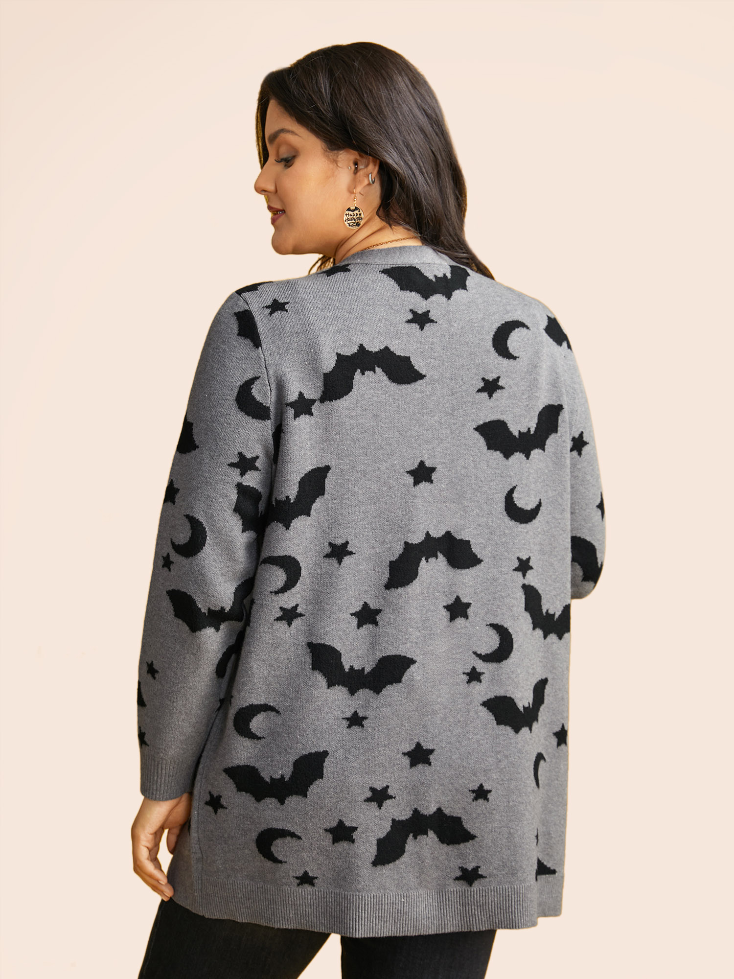 

Plus Size Bat Printed Jacquard Cardigan DarkGray Women Casual Loose Long Sleeve Everyday Cardigans BloomChic