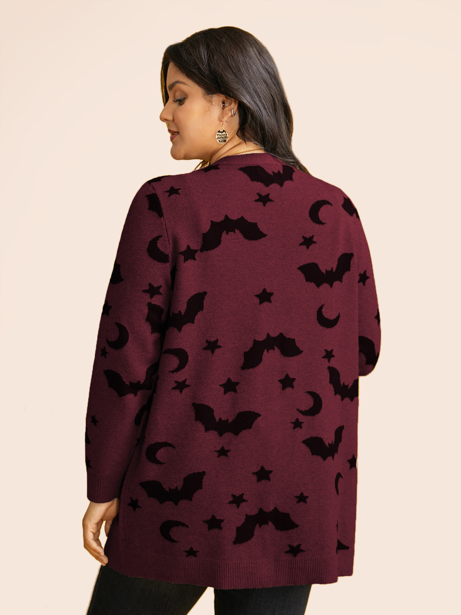 

Plus Size Bat Printed Jacquard Cardigan Deepred Women Casual Loose Long Sleeve Everyday Cardigans BloomChic