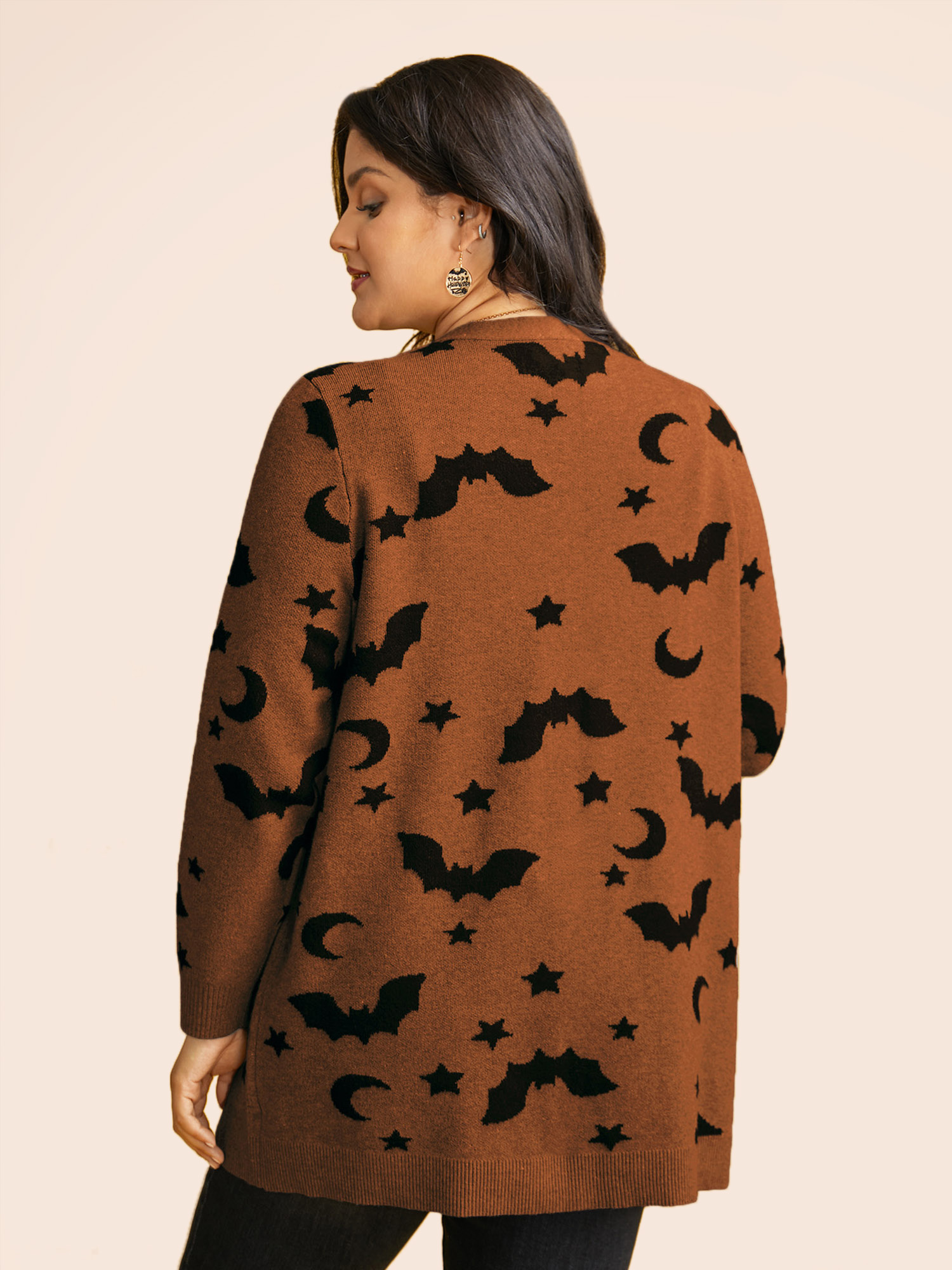 

Plus Size Bat Printed Jacquard Cardigan Yellowishbrown Women Casual Loose Long Sleeve Everyday Cardigans BloomChic