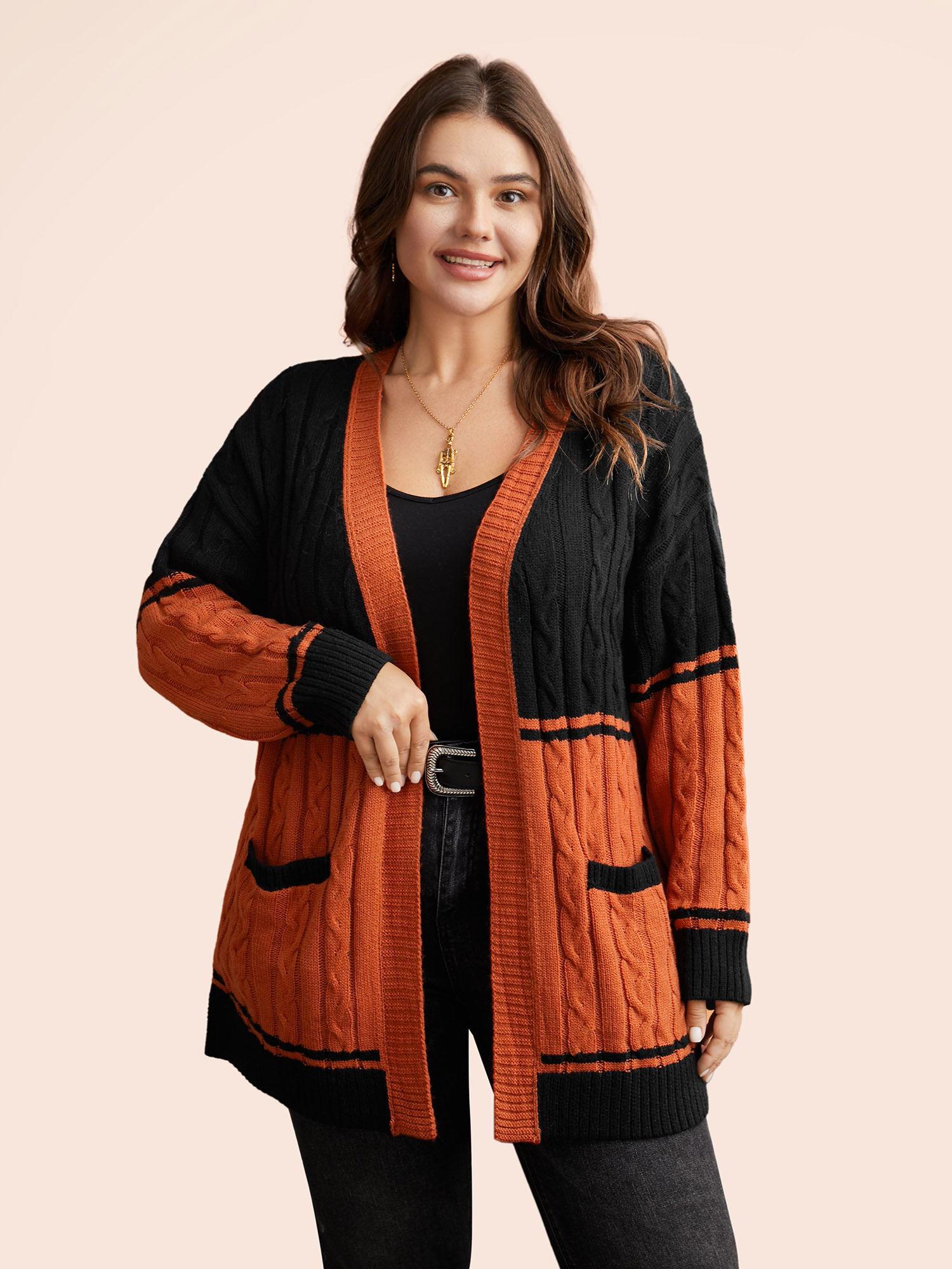 Plus Size Jack-o-Lantern Motif Cable Knot Cardigan Black Women Casual Loose Long Sleeve Everyday Cardigans BloomChic 18-20/2X 