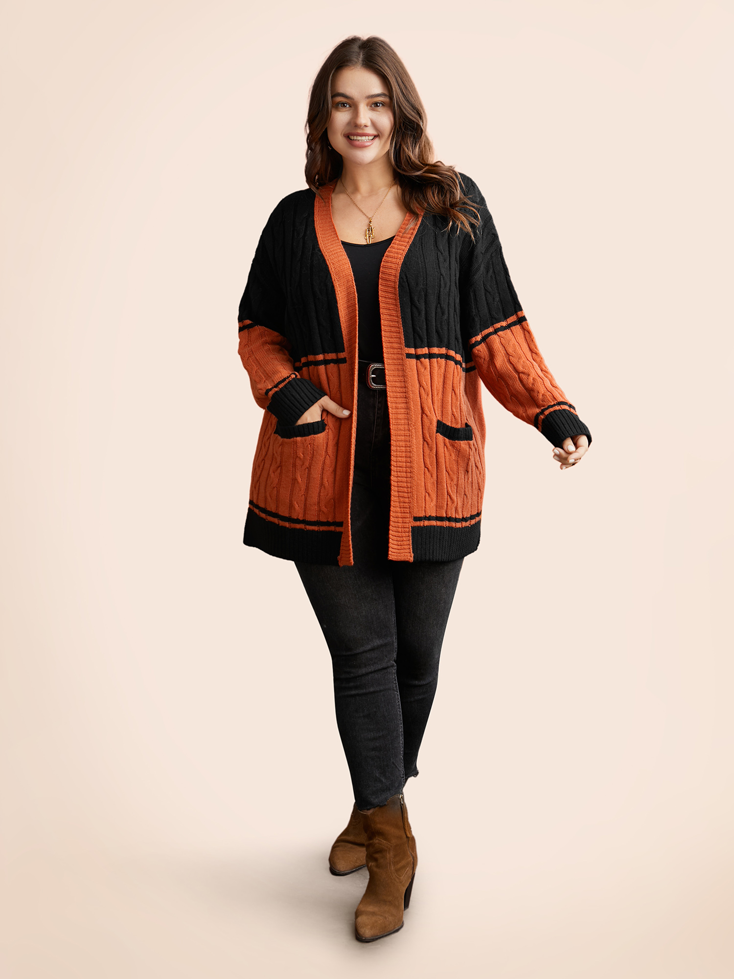 Plus Size Jack-o-Lantern Motif Cable Knot Cardigan Black Women Casual Loose Long Sleeve Everyday Cardigans BloomChic 18-20/2X 