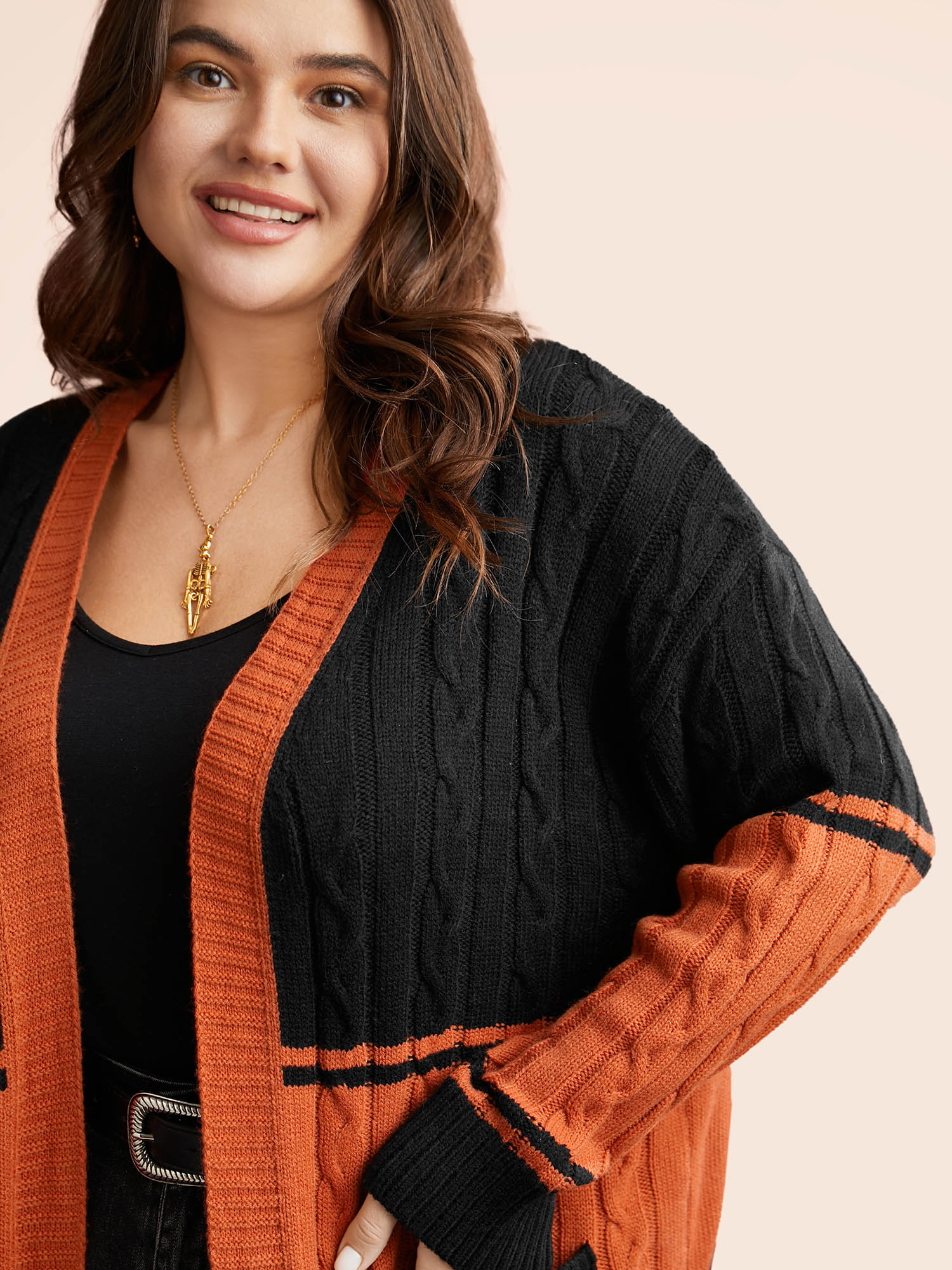 Plus Size Jack-o-Lantern Motif Cable Knot Cardigan Black Women Casual Loose Long Sleeve Everyday Cardigans BloomChic 18-20/2X 