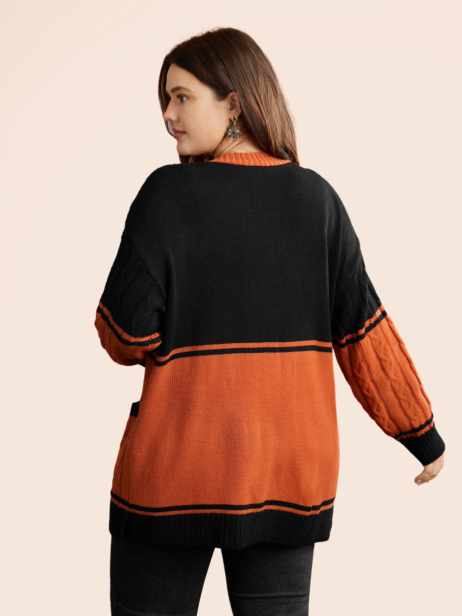 Plus Size Jack-o-Lantern Motif Cable Knot Cardigan Black Women Casual Loose Long Sleeve Everyday Cardigans BloomChic 18-20/2X 