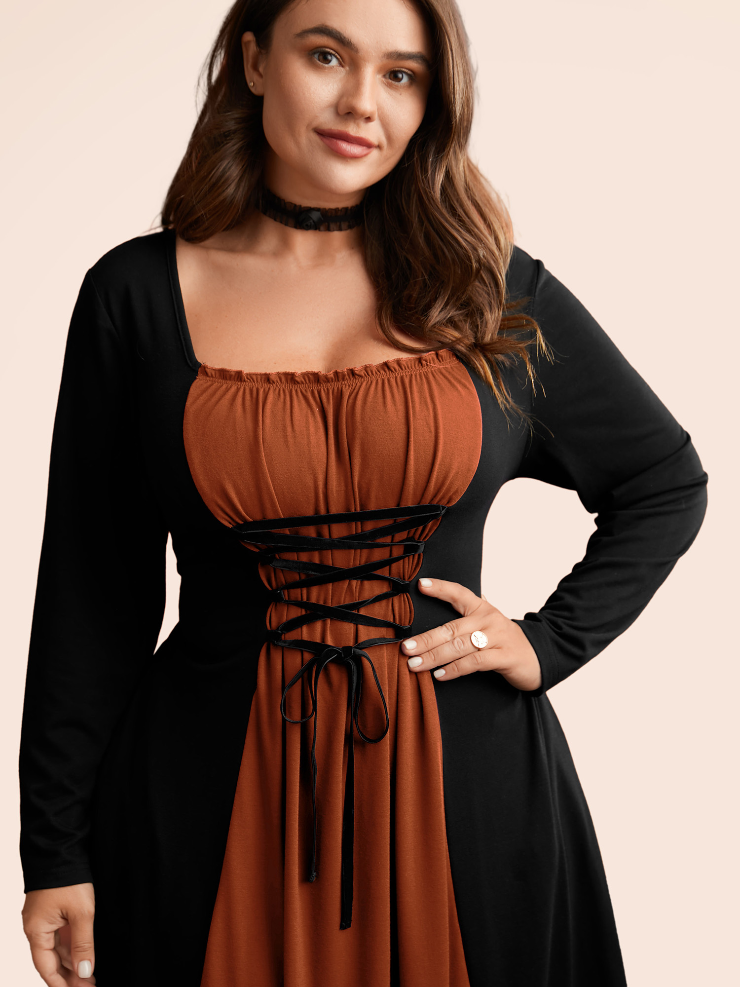 

Plus Size Stretchy Knit Adjustable Tie Frill Trim Midi Dress Coral Women Cocktail Wraparound straps Party Curvy Bloomchic