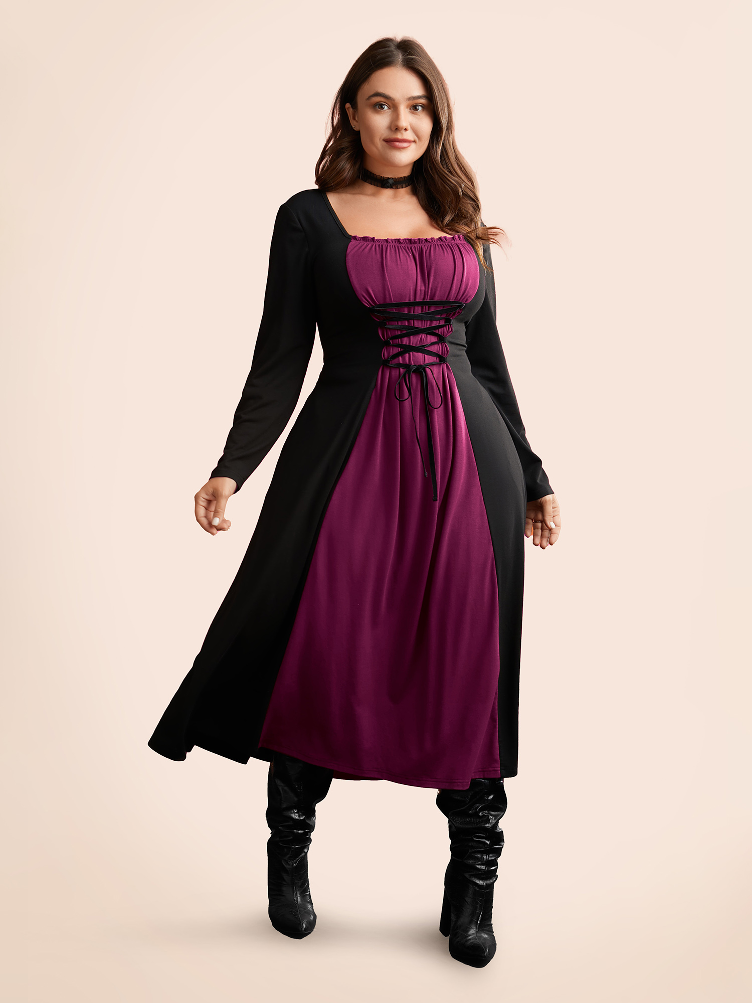 

Plus Size Stretchy Knit Adjustable Tie Frill Trim Midi Dress Deeppurplered Women Cocktail Wraparound straps Party Curvy Bloomchic