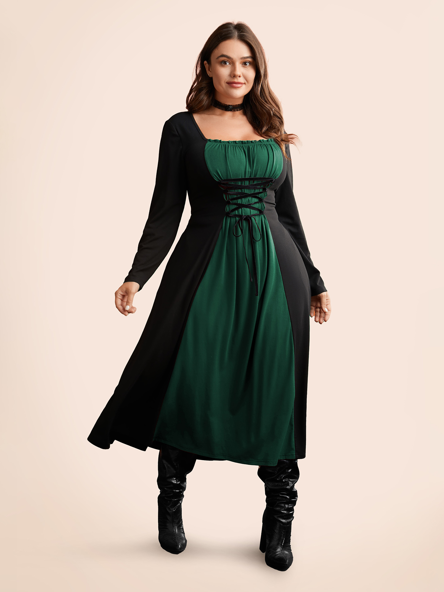 

Plus Size Stretchy Knit Adjustable Tie Frill Trim Midi Dress DarkGreen Women Cocktail Wraparound straps Party Curvy Bloomchic