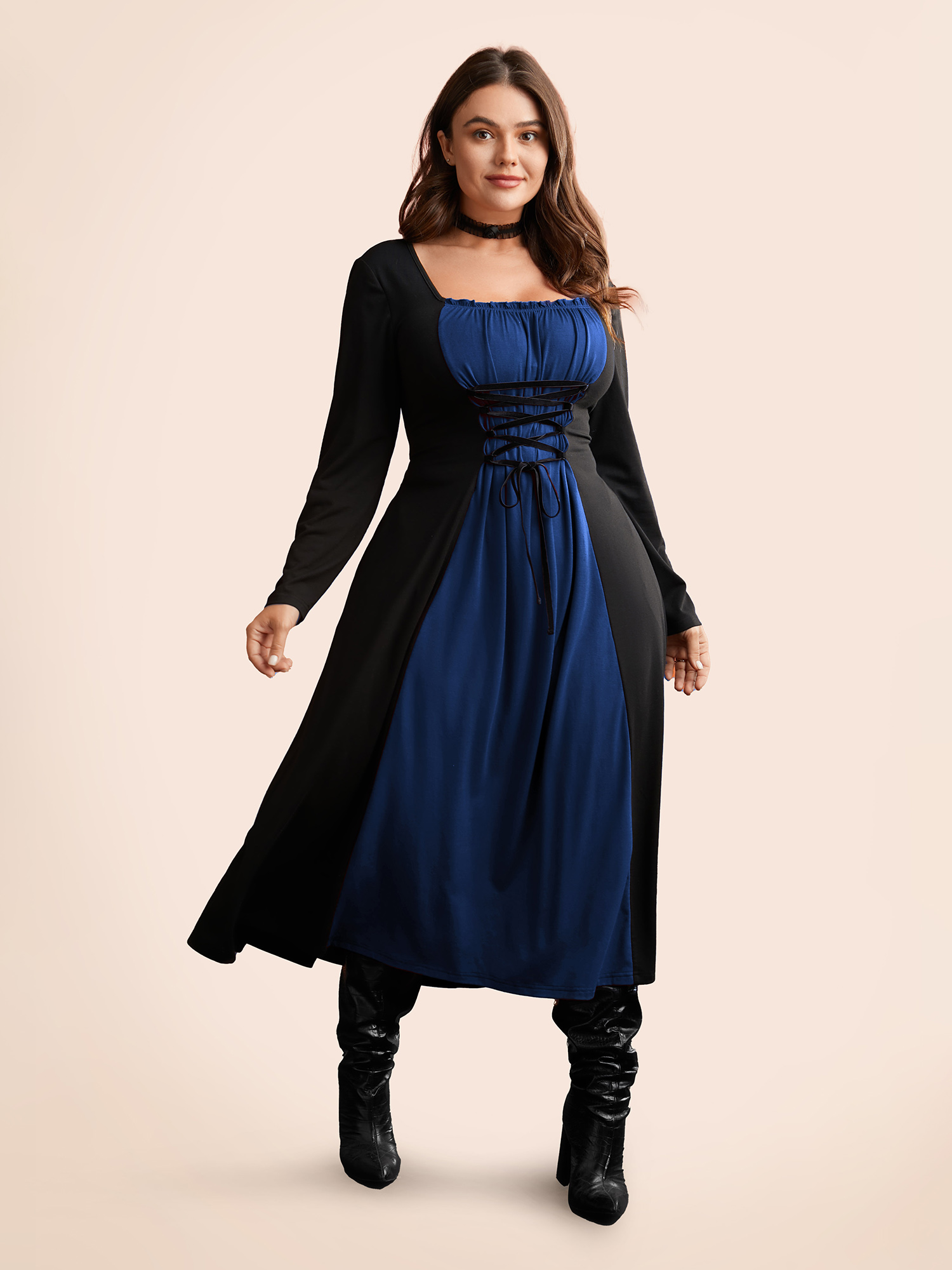 

Plus Size Stretchy Knit Adjustable Tie Frill Trim Midi Dress DarkBlue Women Cocktail Wraparound straps Party Curvy Bloomchic