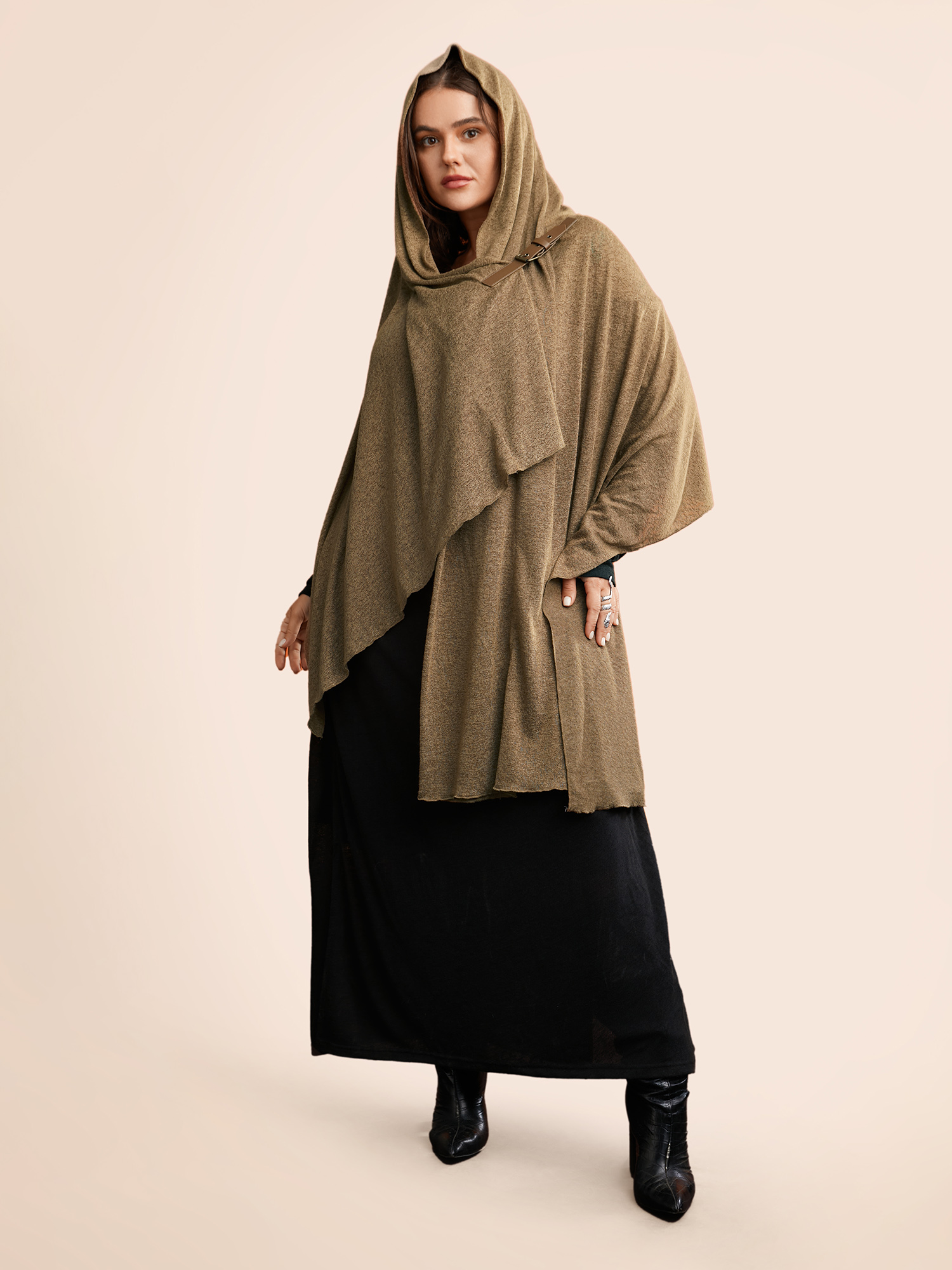 Plus Size Knitted Leather Buckle Cape Styled Shawl Women Yellowishbrown Elegant Asymmetrical Loose Ladies Everyday Winter Coats BloomChic 12/L 