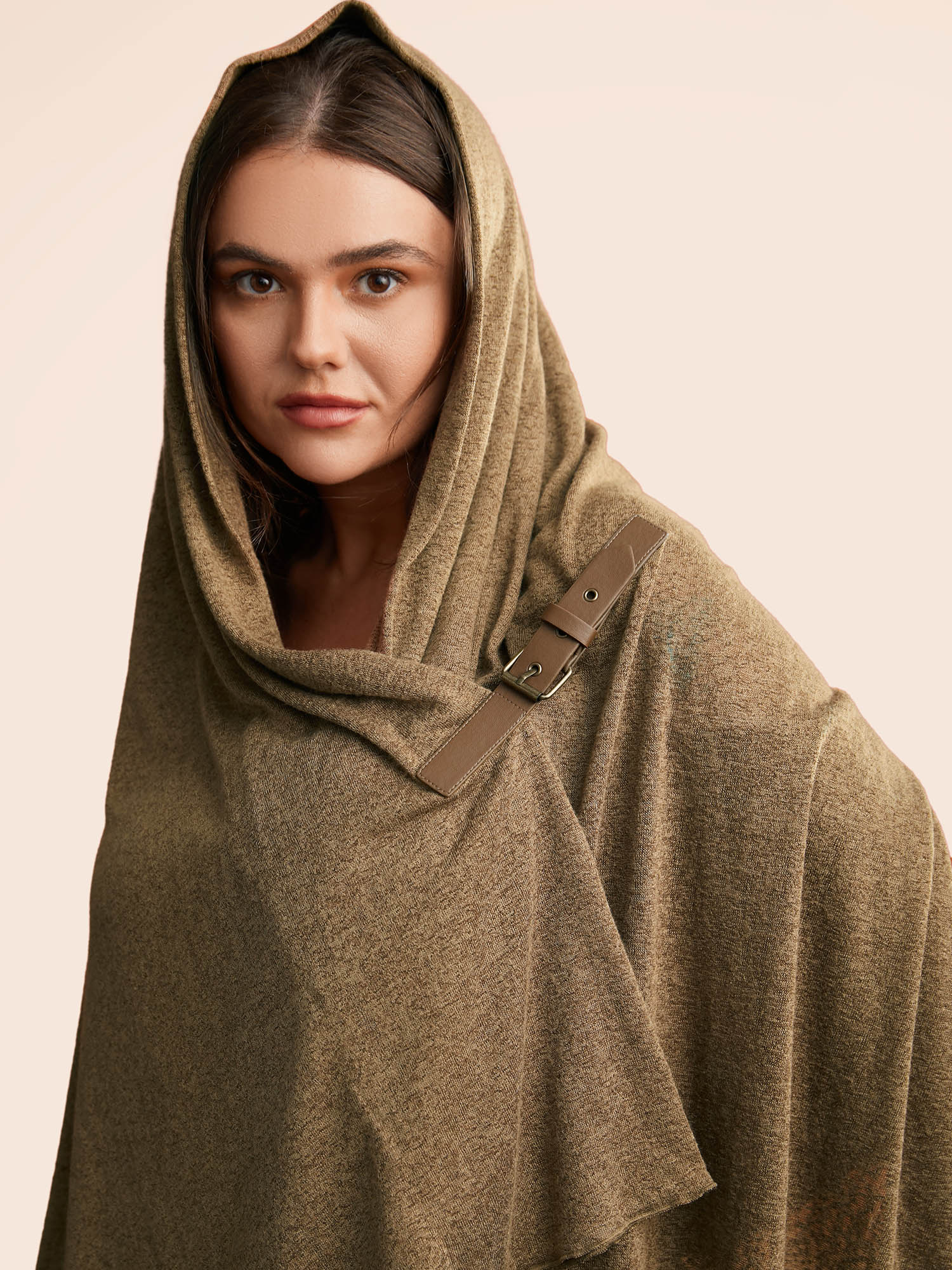 Plus Size Knitted Leather Buckle Cape Styled Shawl Women Yellowishbrown Elegant Asymmetrical Loose Ladies Everyday Winter Coats BloomChic 12/L 