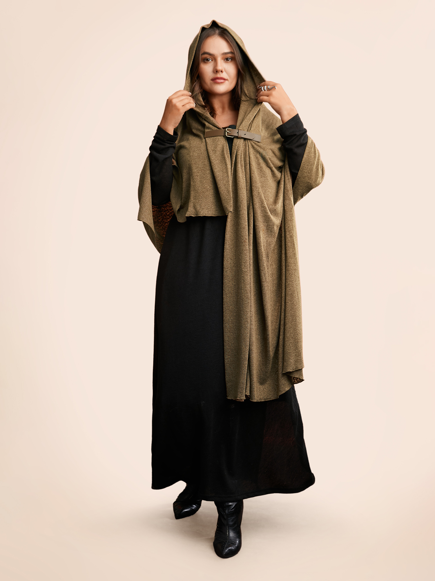 Plus Size Knitted Leather Buckle Cape Styled Shawl Women Yellowishbrown Elegant Asymmetrical Loose Ladies Everyday Winter Coats BloomChic 12/L 