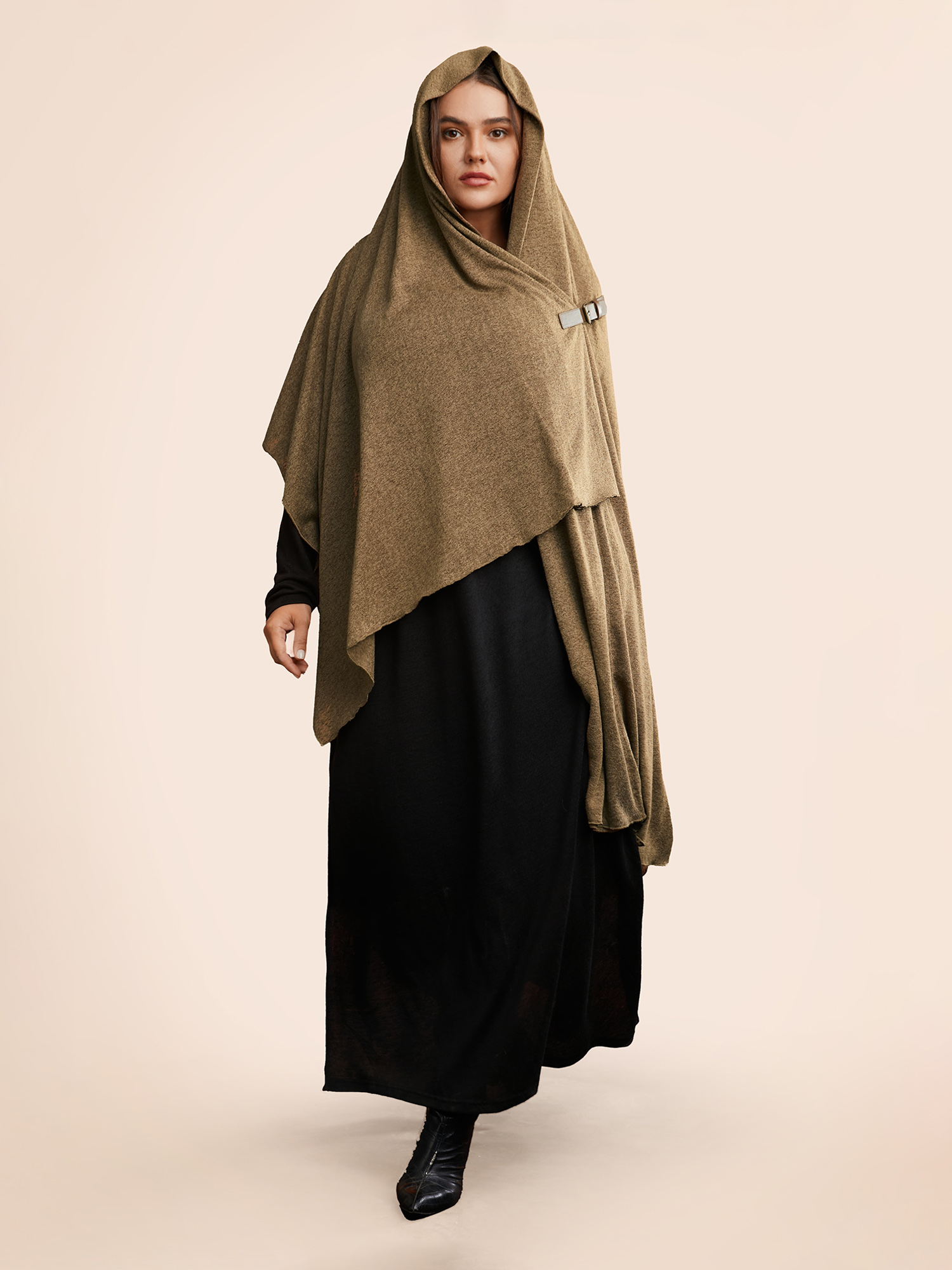 Plus Size Knitted Leather Buckle Cape Styled Shawl Women Yellowishbrown Elegant Asymmetrical Loose Ladies Everyday Winter Coats BloomChic 12/L 