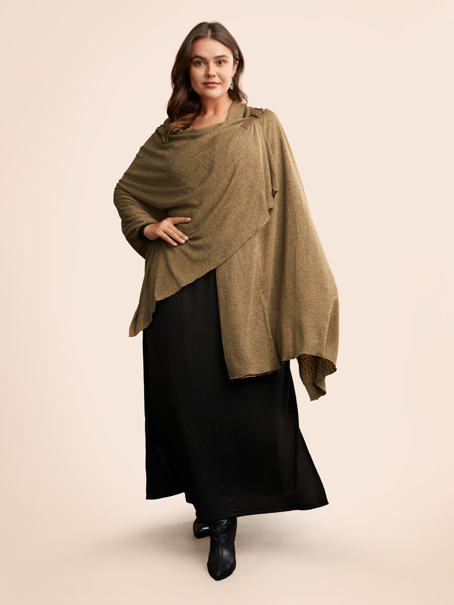 Plus Size Knitted Leather Buckle Cape Styled Shawl Women Yellowishbrown Elegant Asymmetrical Loose Ladies Everyday Winter Coats BloomChic 12/L 