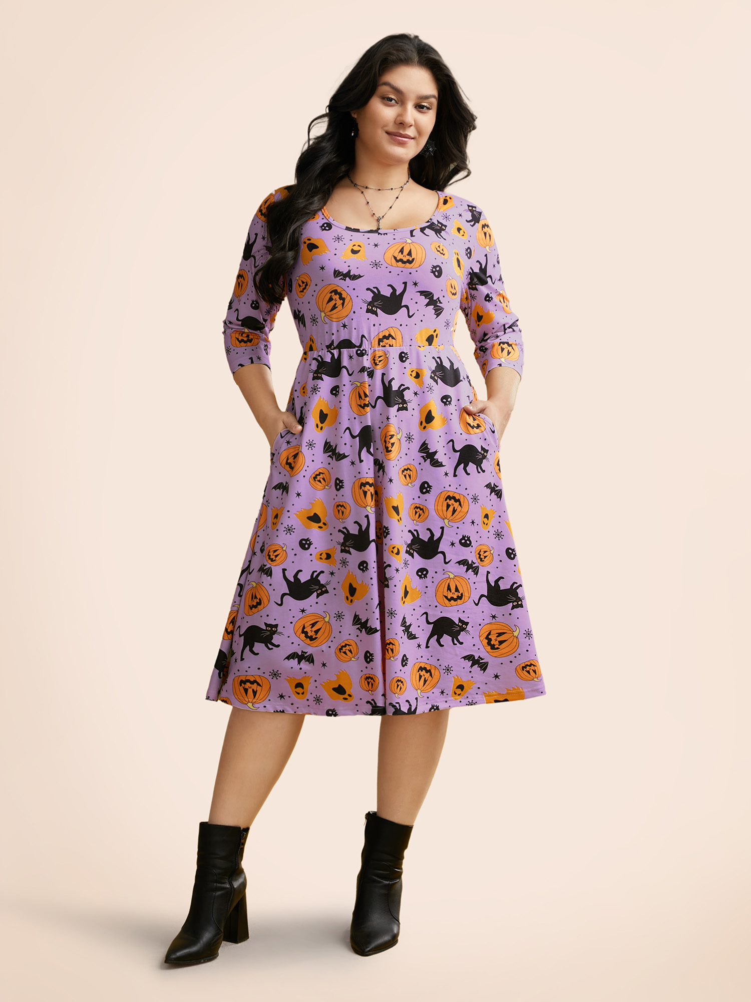 

Plus Size Pumpkin Spiced Elastic Waist Printed Midi Dress Lilac Women Cocktail Non Party Curvy Bloomchic