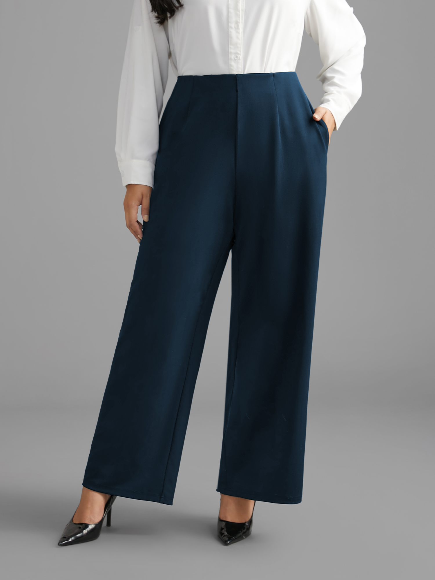 

Plus Size Solid Elastic Waist Pleated Wide Leg Pants Women Aegean At the Office Wide Leg Mid Rise Work Pants BloomChic