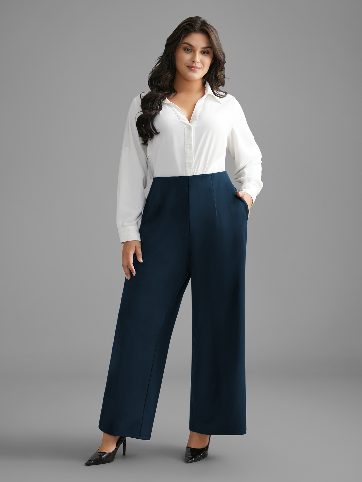 Plus Size Solid Elastic Waist Pleated Wide Leg Pants Women Aegean At the Office Wide Leg Mid Rise Work Pants BloomChic 14-16/1X 