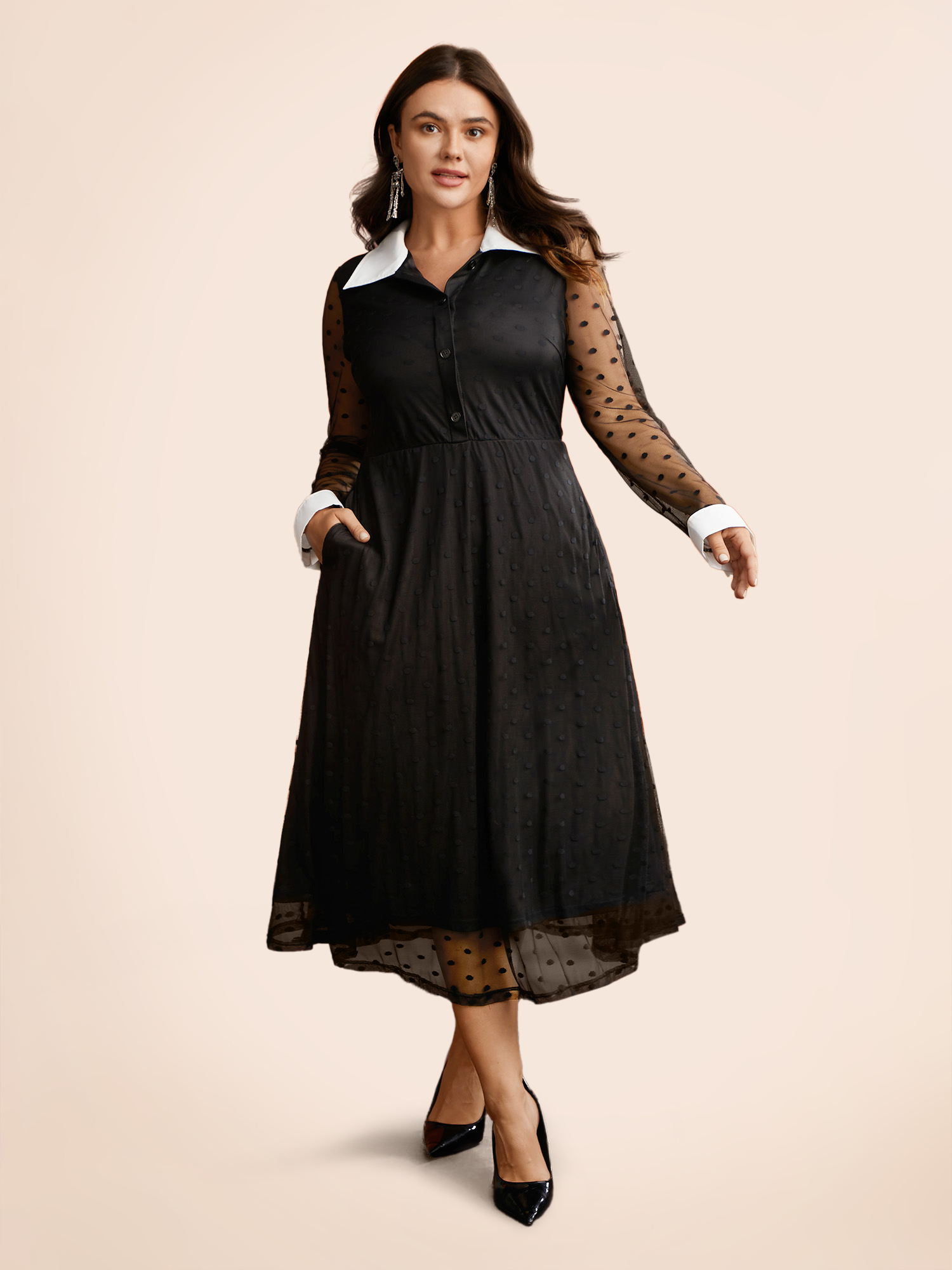 Plus Size Vampire Polka Dot Waist-Cinching Midi Dress Black Women Cocktail Texture Shirt collar Long Sleeve Curvy BloomChic 18-20/2X 