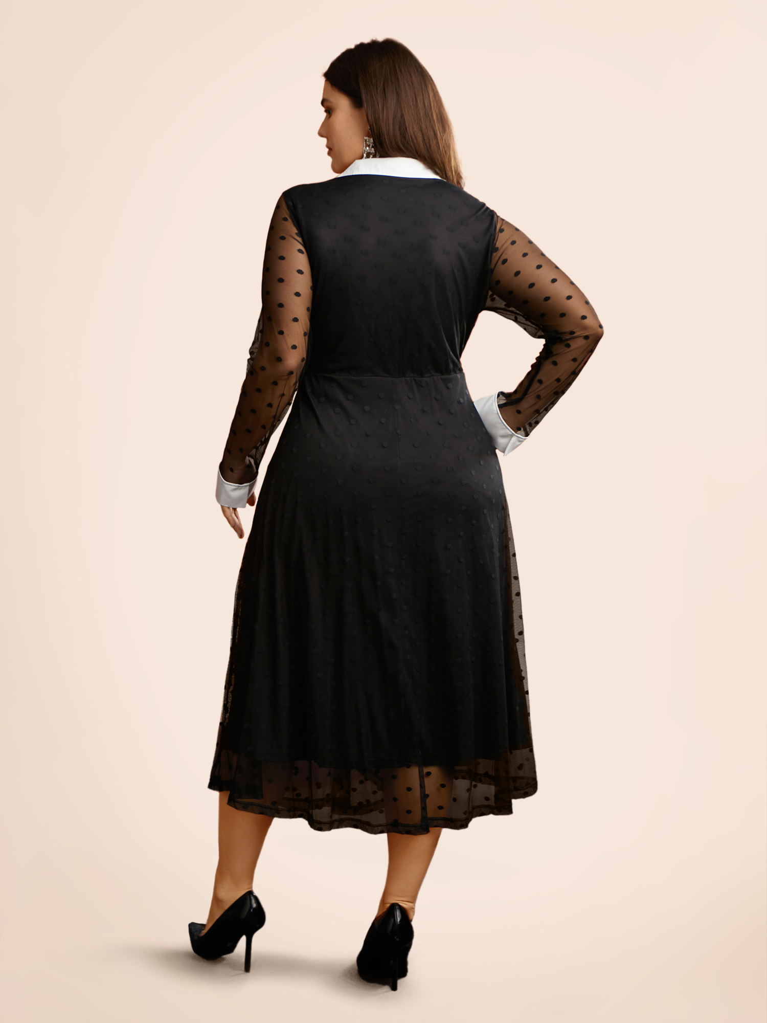 Plus Size Vampire Polka Dot Waist-Cinching Midi Dress Black Women Cocktail Texture Shirt collar Long Sleeve Curvy BloomChic 18-20/2X 