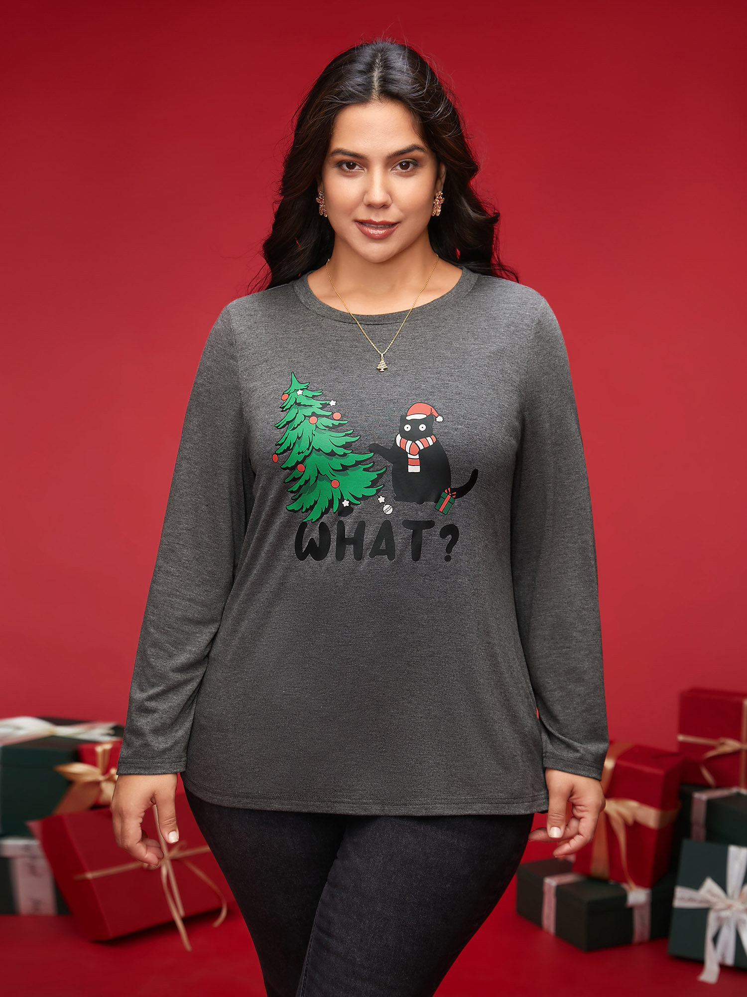 

Plus Size Festive Cat And Tree Printed Slim-Fit Tee DimGray Women Casual Non Christmas Round Neck Everyday T-shirts BloomChic