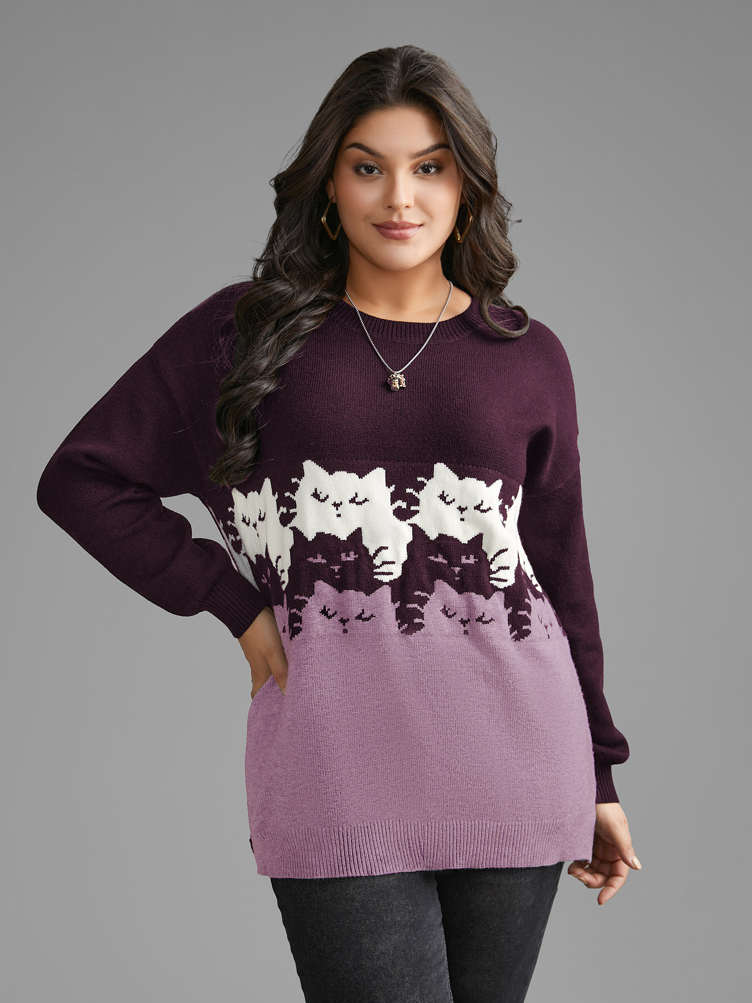 

Plus Size Cat Contrast Drop Shoulder Pullover Plum Women Casual Loose Long Sleeve Round Neck Everyday Pullovers BloomChic