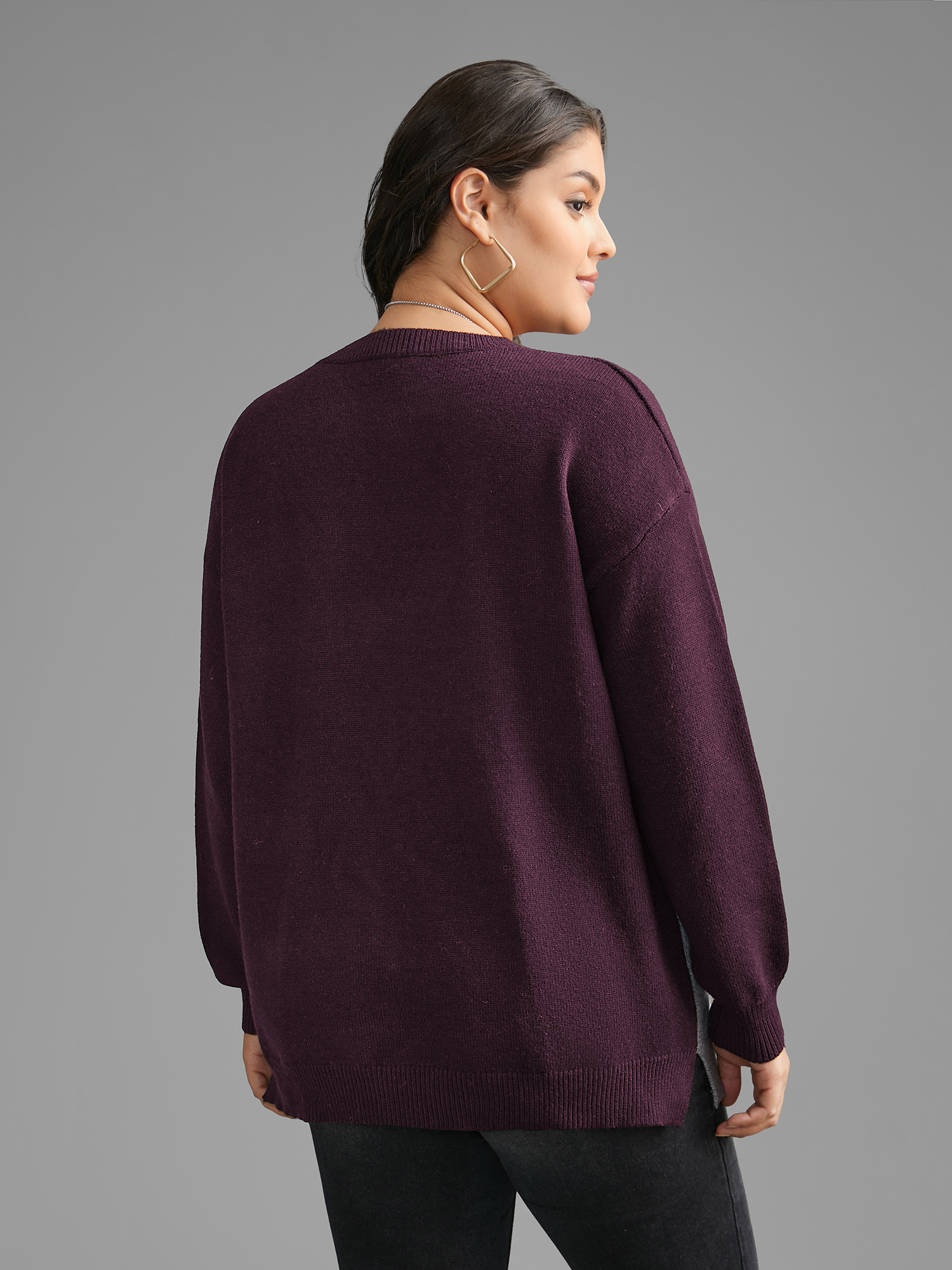 

Plus Size Cat Contrast Drop Shoulder Pullover Plum Women Casual Loose Long Sleeve Round Neck Everyday Pullovers BloomChic