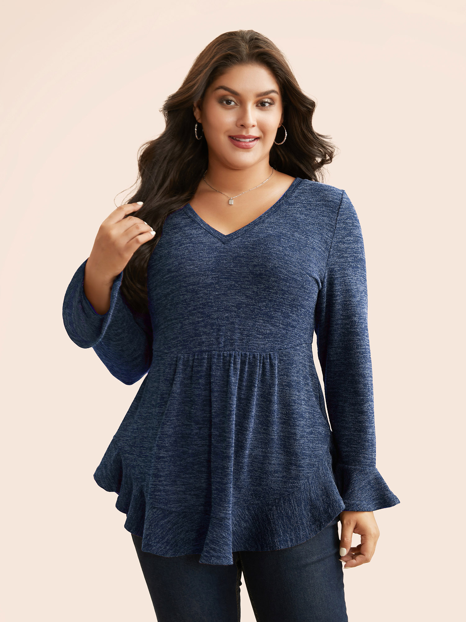 

Plus Size Heather Ruffle Sleeve Arc Hem Jersey Top DarkBlue V-neck Extra Long Sleeve Casual Jersey Tops