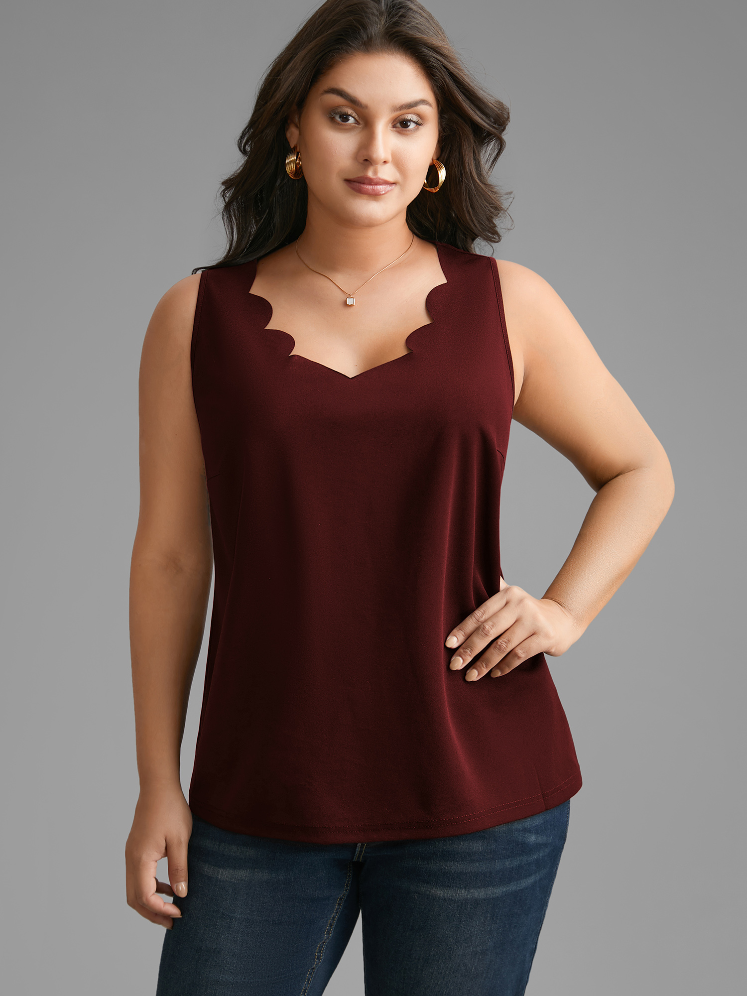 

Plus Size Solid V Neck Laser Cut Tank Top Women Burgundy Elegant Non V-neck Everyday Tank Tops Camis BloomChic