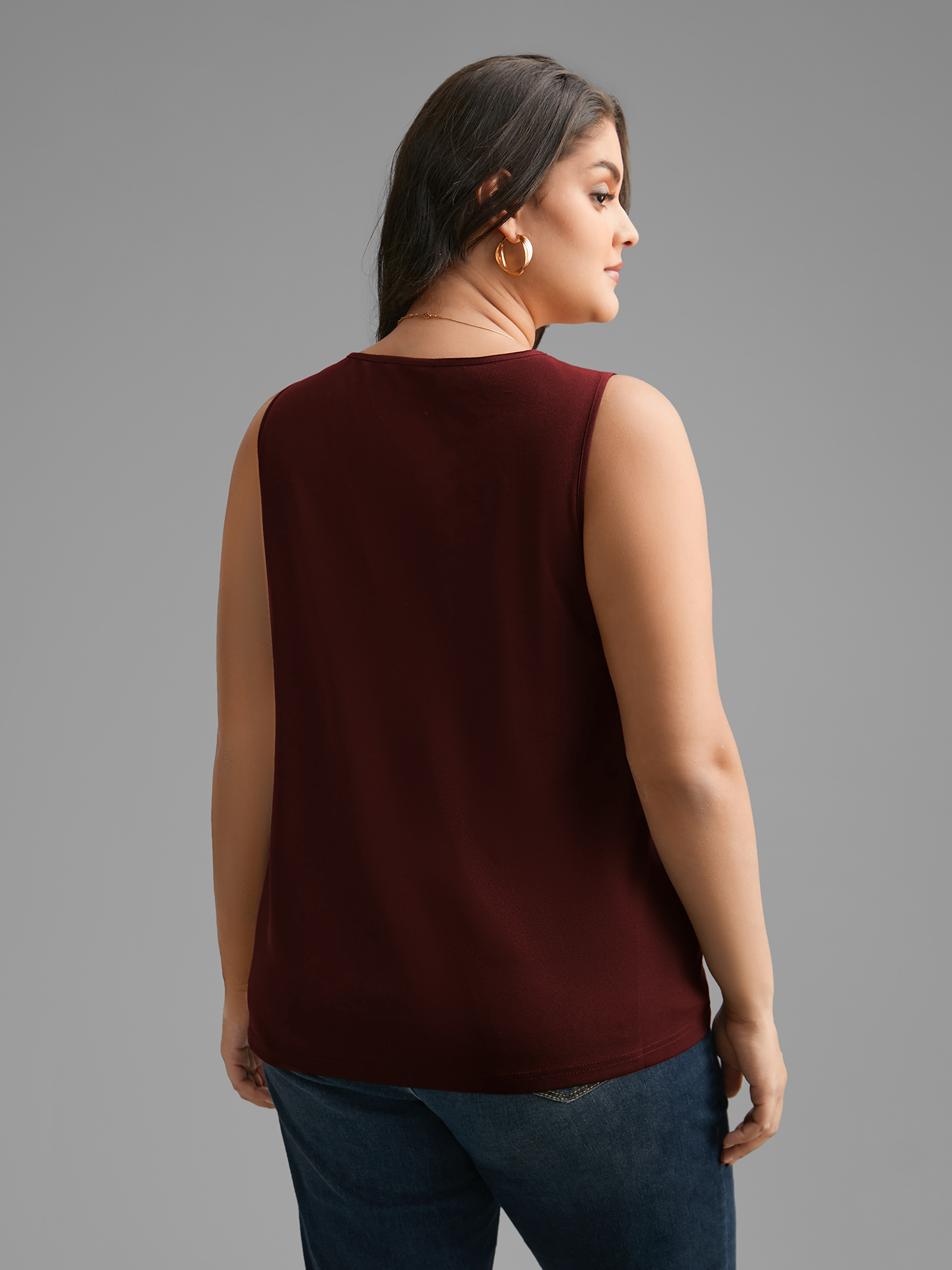 

Plus Size Solid V Neck Laser Cut Tank Top Women Burgundy Elegant Non V-neck Everyday Tank Tops Camis BloomChic