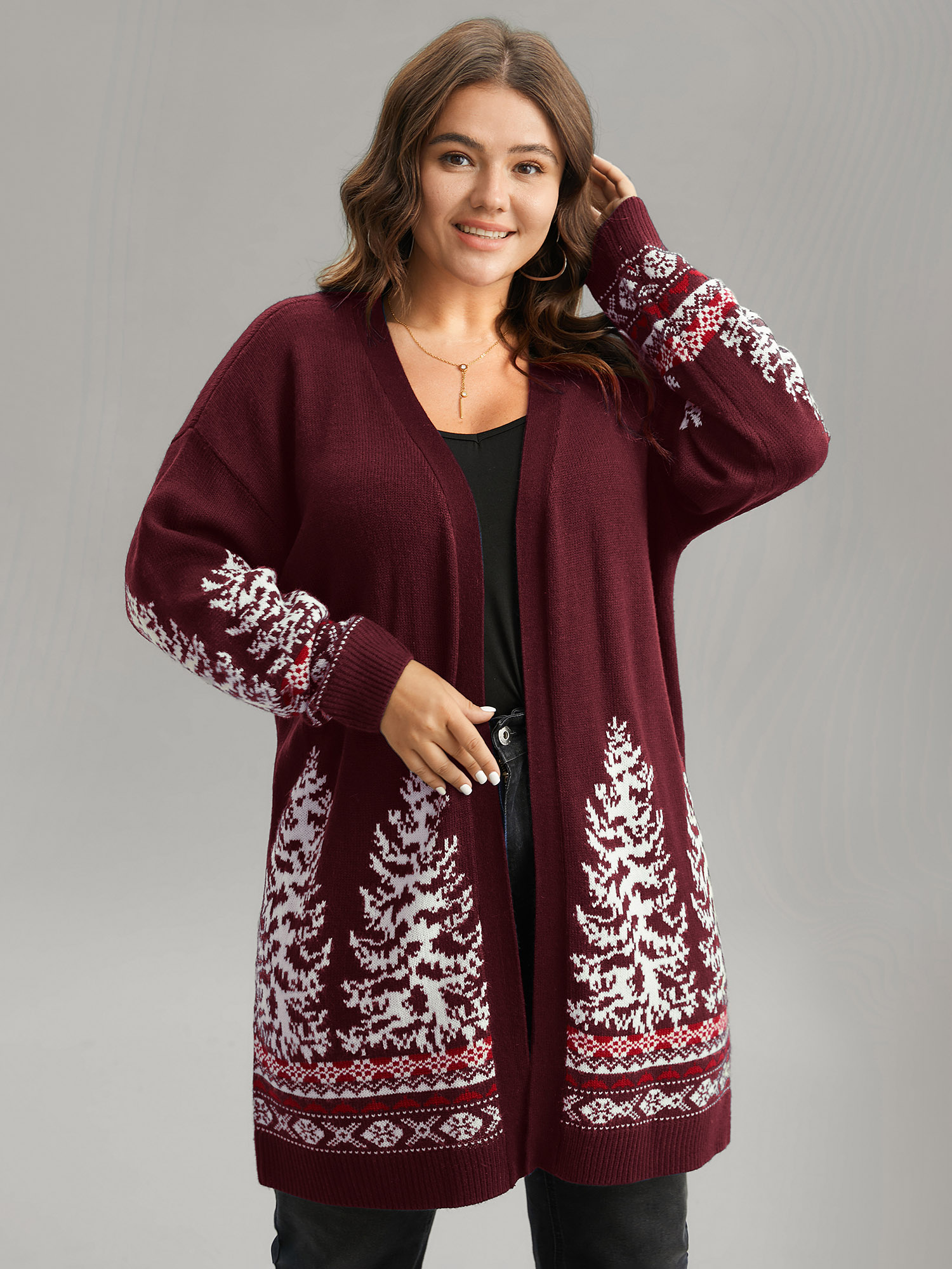 

Plus Size Christmas Trees Contrast Cardigan Deepred Women Casual Loose Long Sleeve Festival-Christmas Cardigans BloomChic