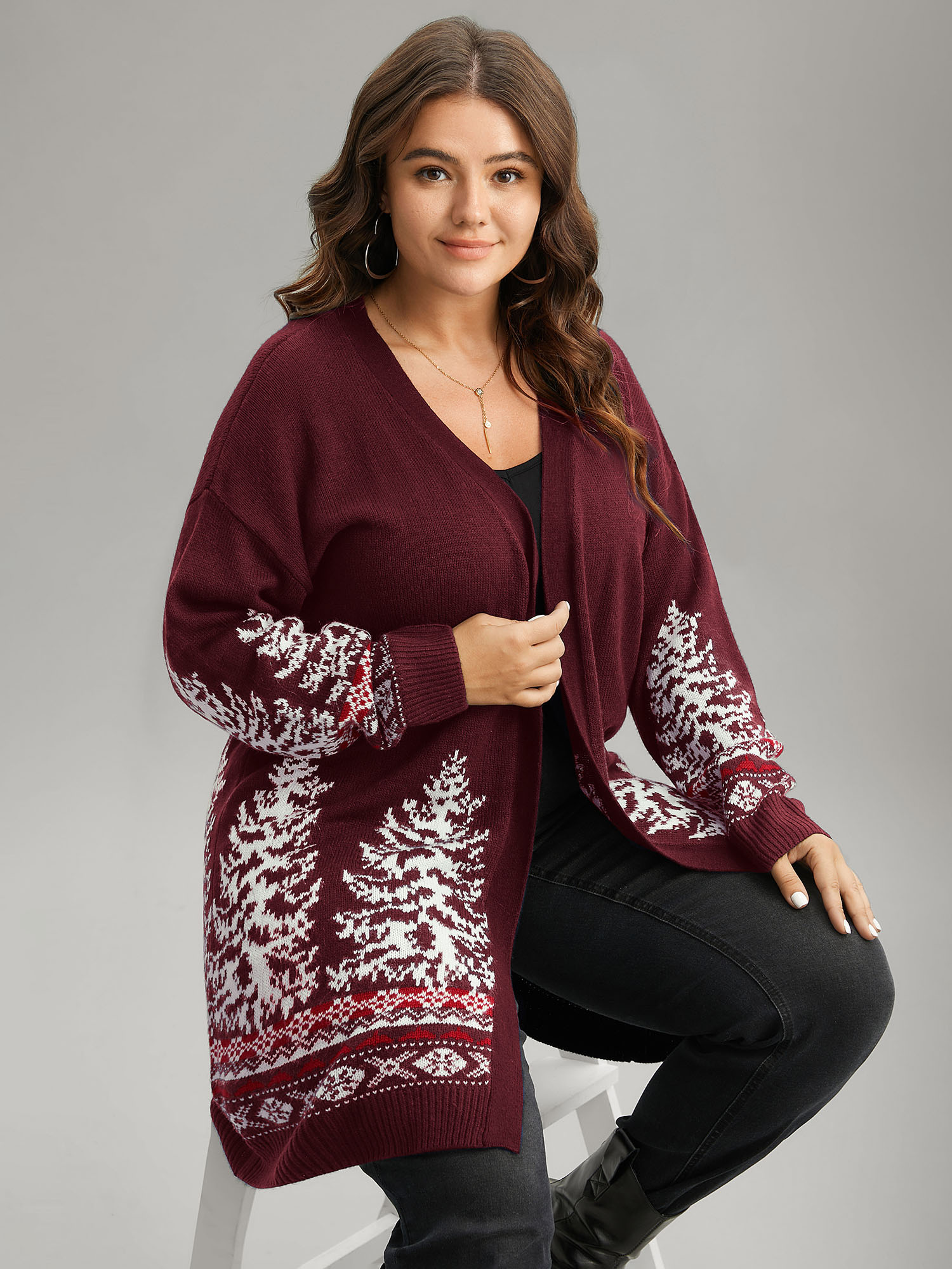 

Plus Size Christmas Trees Contrast Cardigan Deepred Women Casual Loose Long Sleeve Festival-Christmas Cardigans BloomChic