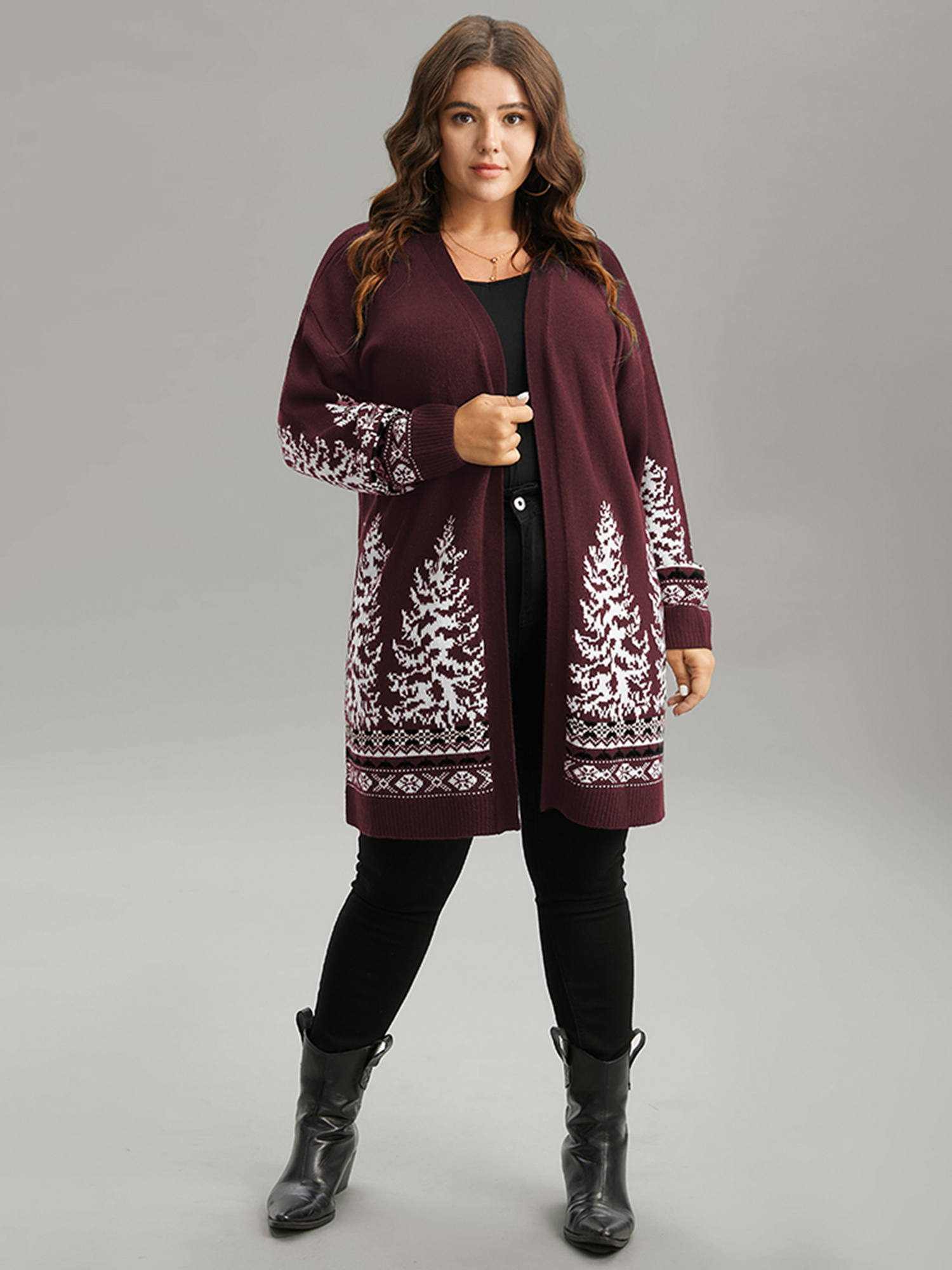 

Plus Size Christmas Trees Contrast Cardigan Scarlet Women Casual Loose Long Sleeve Festival-Christmas Cardigans BloomChic