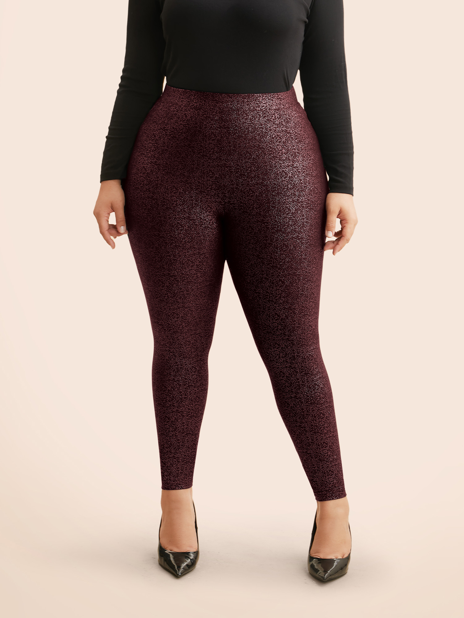 

Plus Size Glitter Pleated Skinny Leggings Women Burgundy Cocktail Medium stretch Skinny Mid Rise Party Leggings BloomChic