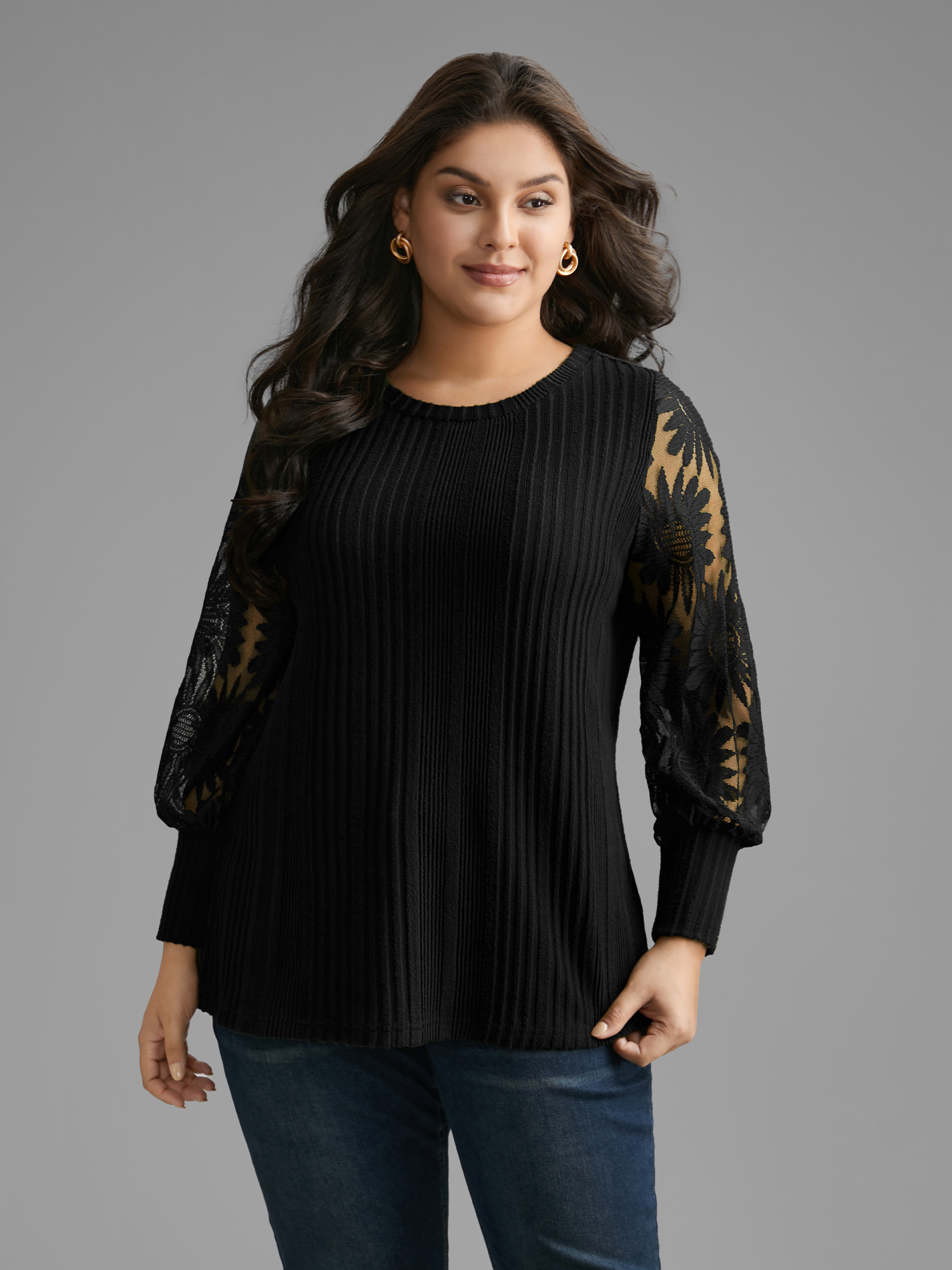 

Plus Size Texture Lace Patchwork Mesh T-shirt Black Women Elegant Texture Round Neck Everyday T-shirts BloomChic