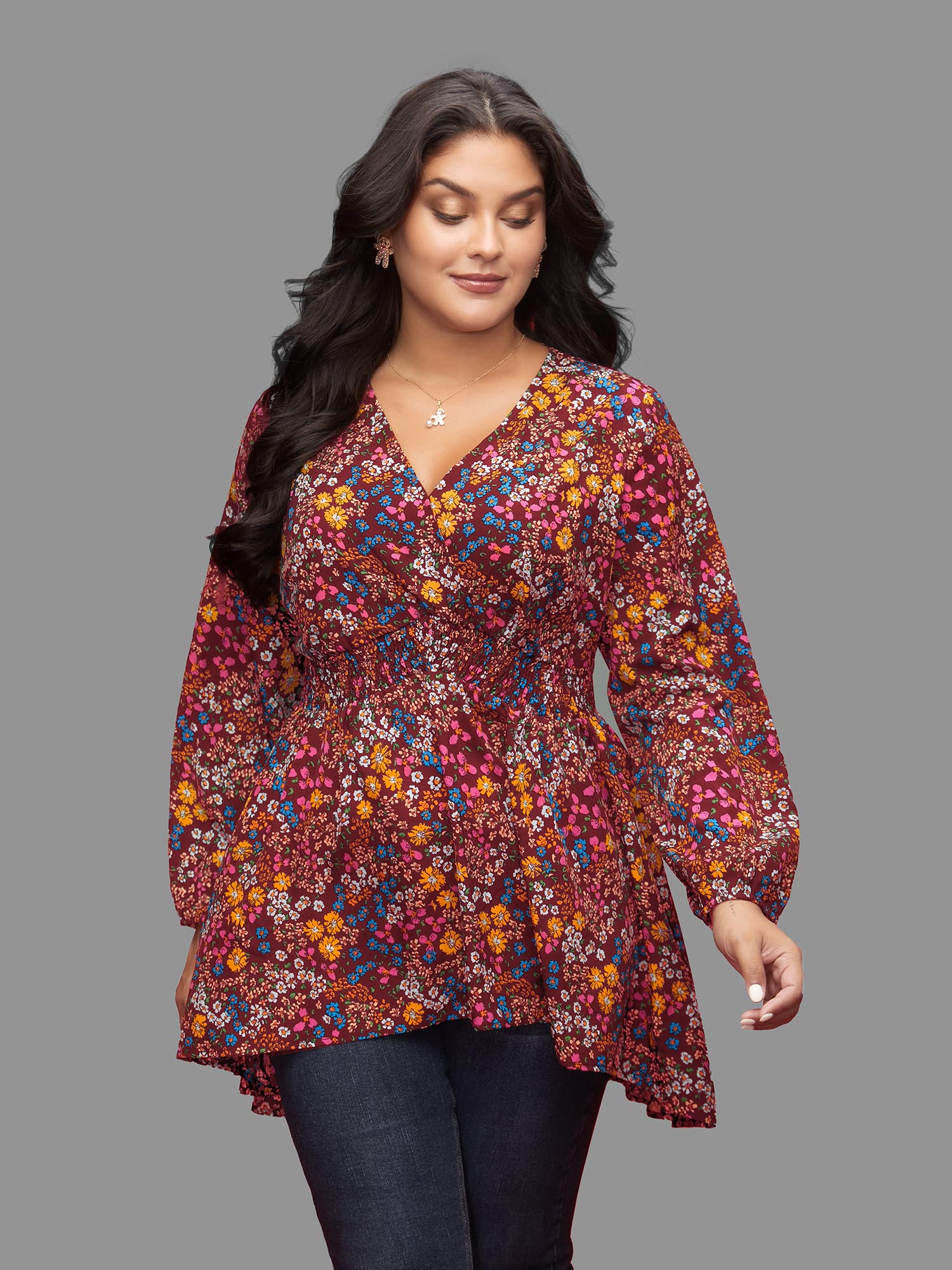 

Plus Size Deepred Floral Smocked Waistline Surplice Neck Blouse Women Elegant Long Sleeve Overlap Collar Everyday Blouses BloomChic