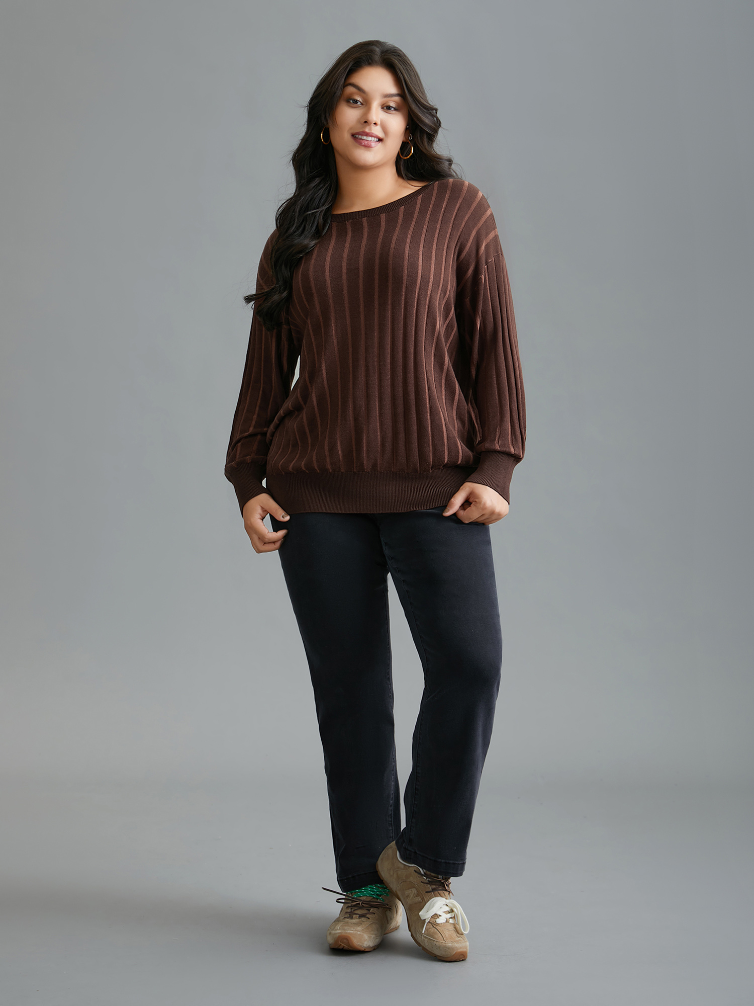 

Plus Size Textured Ribbed Hem Round Neck Pullover Browncoffeecolor Women Casual Loose Long Sleeve Round Neck Everyday Pullovers BloomChic