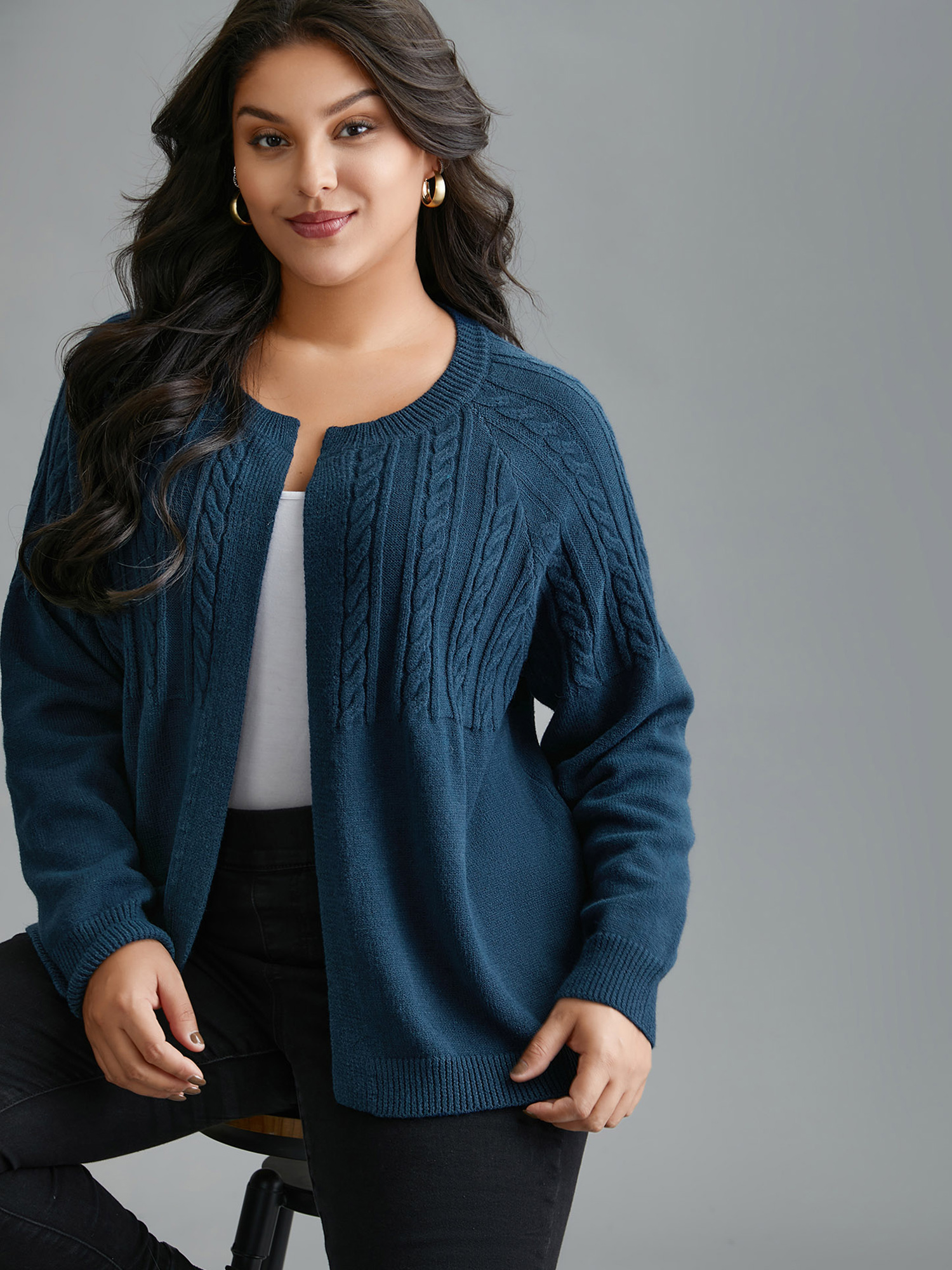 

Plus Size Supersoft Essentials Cable Knit Open-Front Cardigan Aegean Women Casual Loose Long Sleeve Everyday Cardigans BloomChic