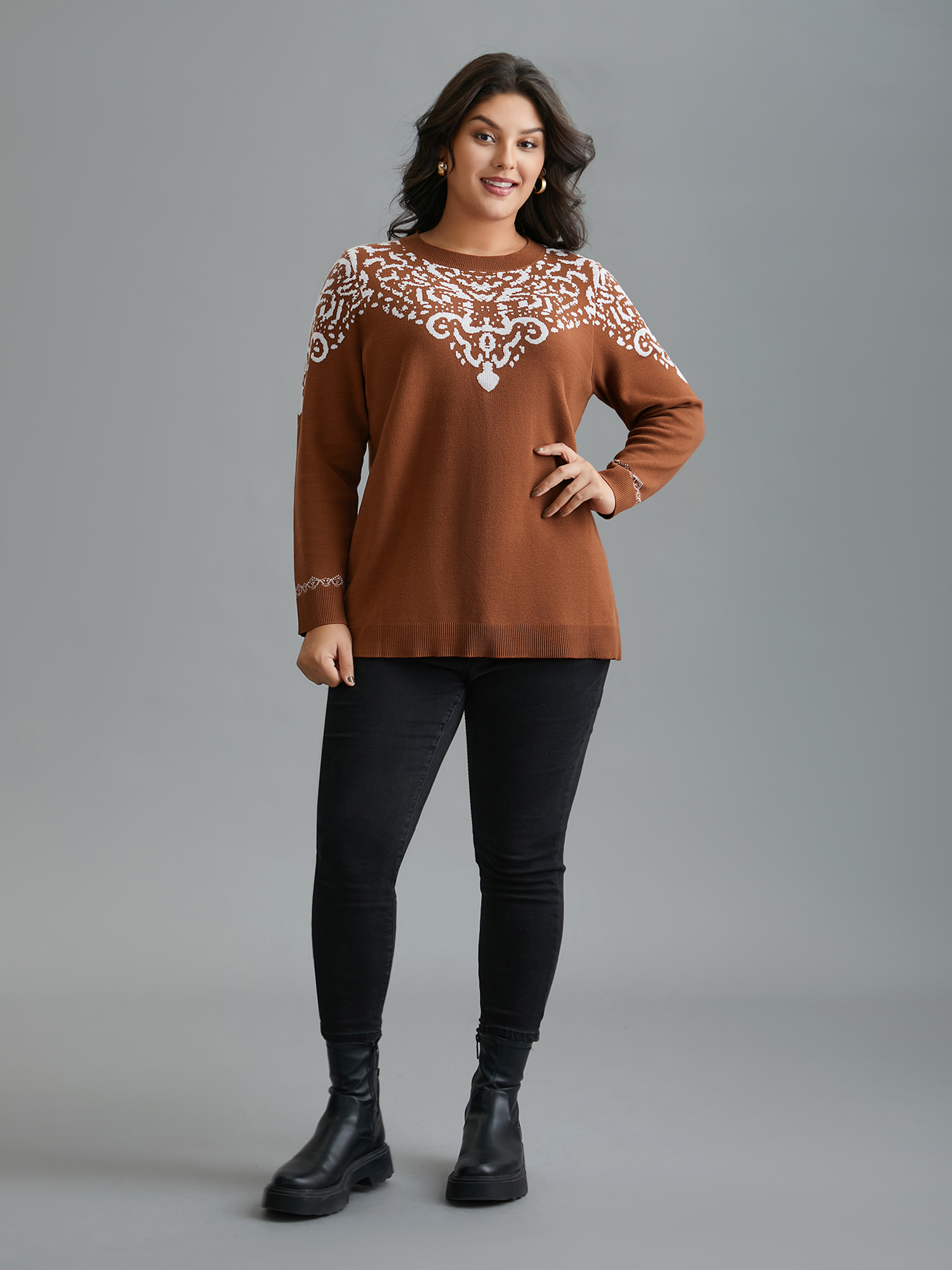 

Plus Size Bandana Jacquard Pattern Round Neck Pullover Browncoffeecolor Women Casual Loose Long Sleeve Round Neck Everyday Pullovers BloomChic