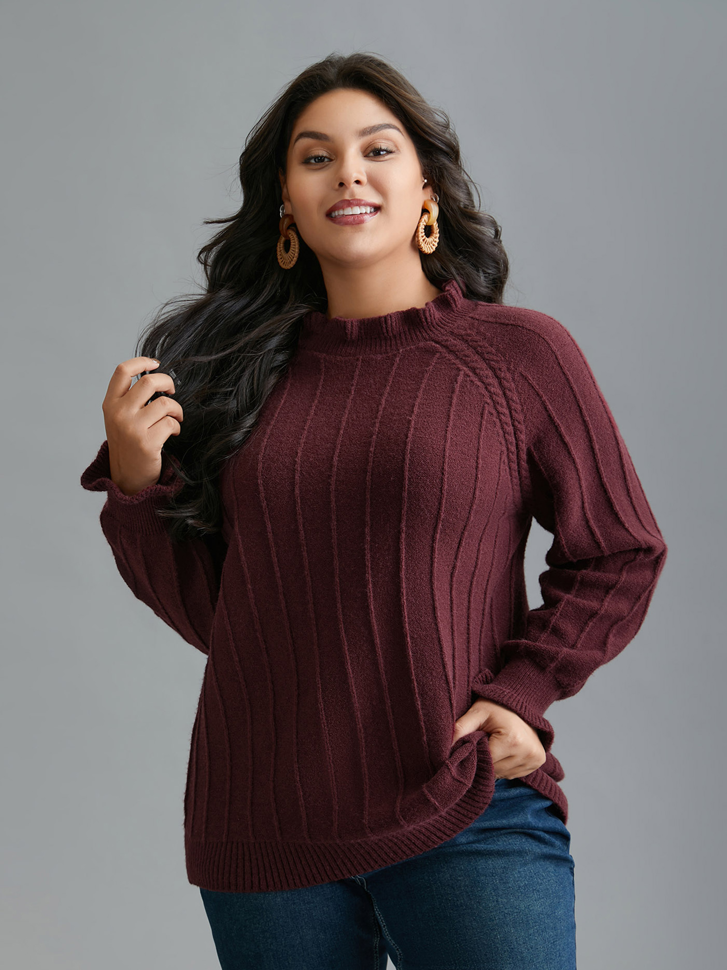 

Plus Size Supersoft Essentials Ruffles Neck Raglan Sleeve Pullover Deeppurplered Women Casual Loose Long Sleeve Round Neck Everyday Pullovers BloomChic