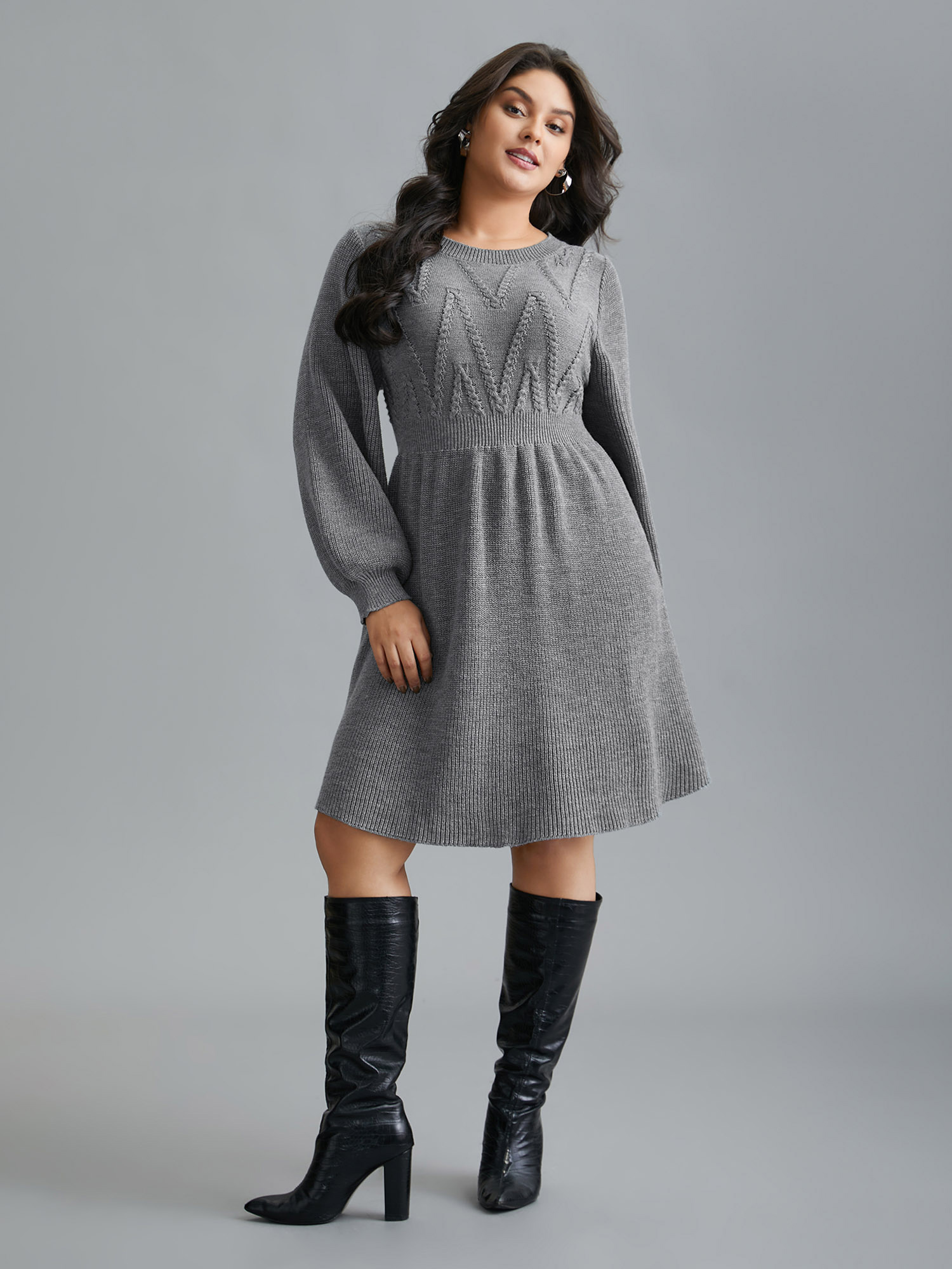 Plus Size Cable Knit Elastic Waist Midi Sweater Dress DarkGray Women Elegant Bodycon Long Sleeve Everyday Sweater Dresses BloomChic 28/5X 