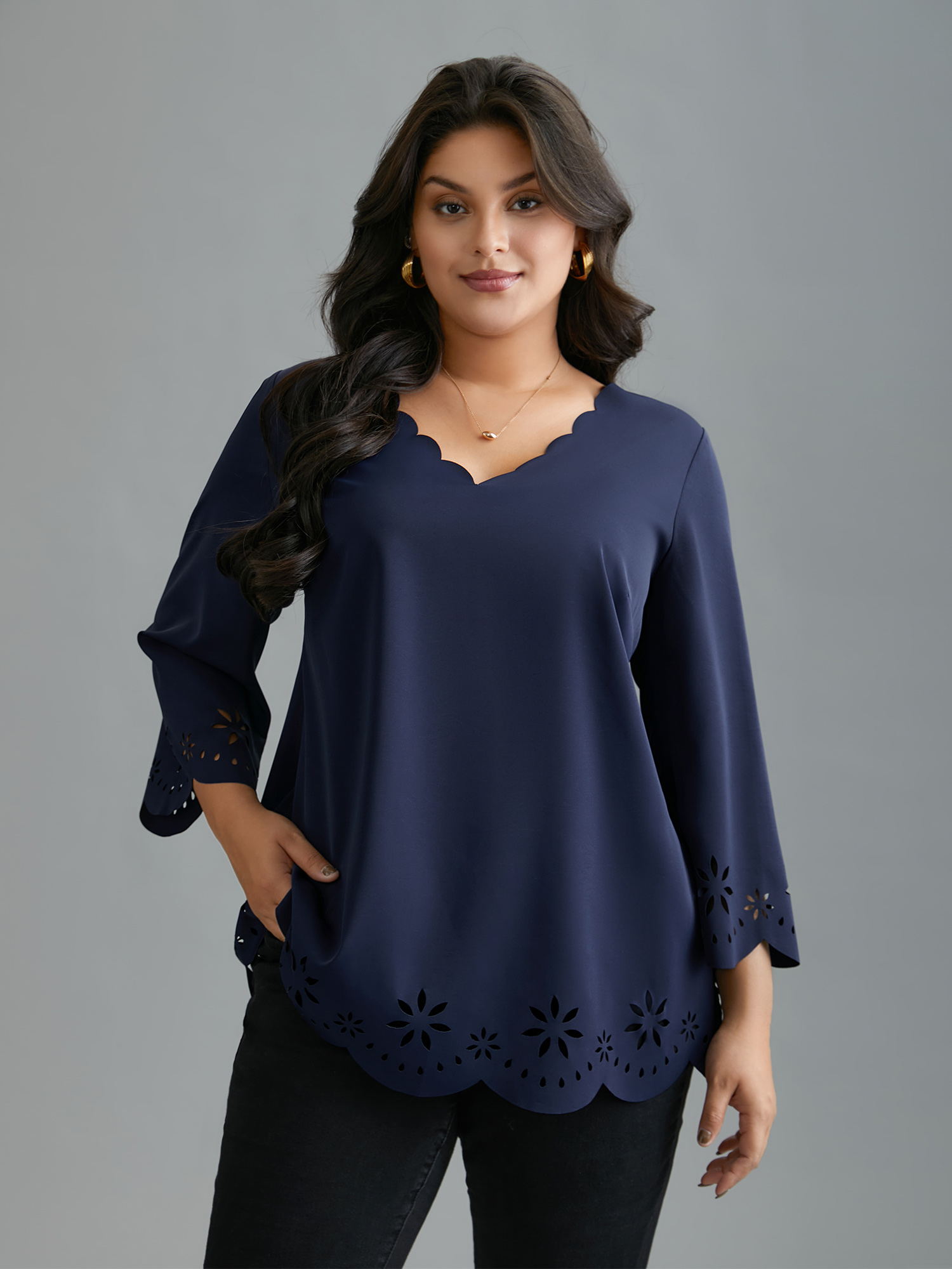 

Plus Size Indigo Laser Cut Design V-Neck Blouse Women At the Office Three Quater Length Sleeve V-neck Work Blouses BloomChic