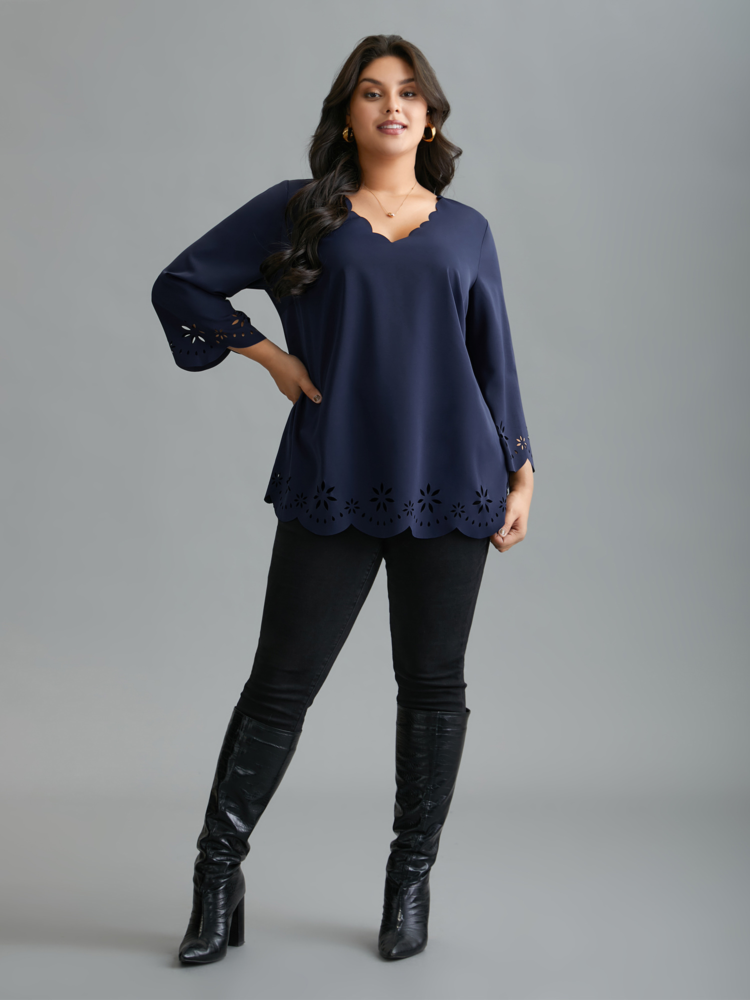 Plus Size Indigo Laser Cut Design V-Neck Blouse Women At the Office Three Quater Length Sleeve V-neck Work Blouses BloomChic 14-16/1X 