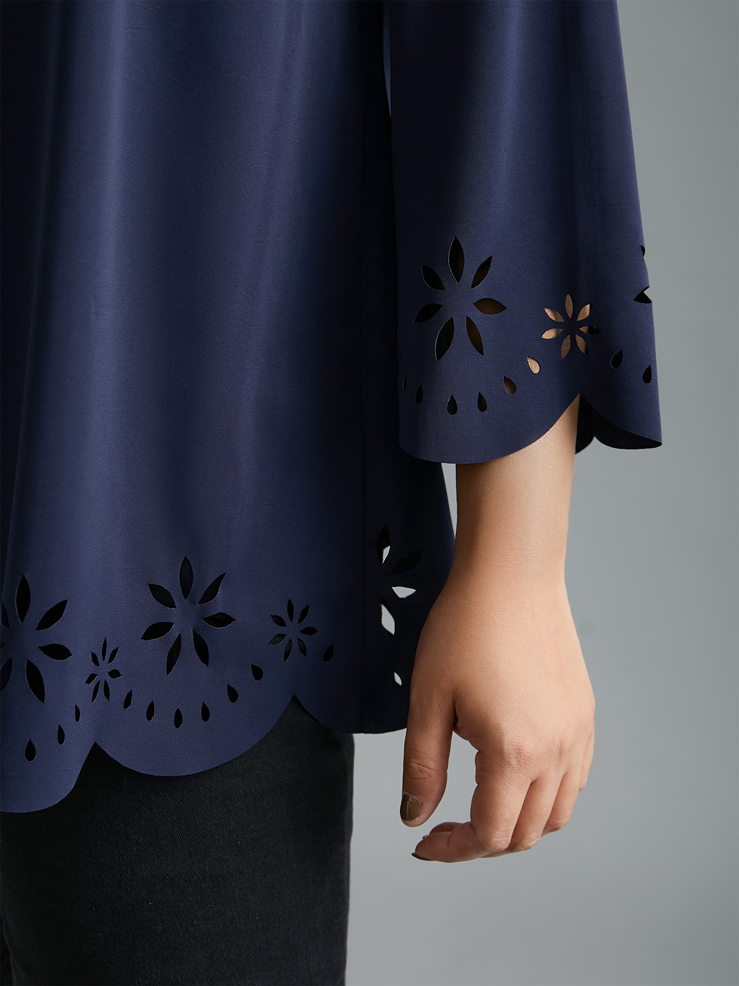 

Plus Size Indigo Laser Cut Design V-Neck Blouse Women At the Office Three Quater Length Sleeve V-neck Work Blouses BloomChic