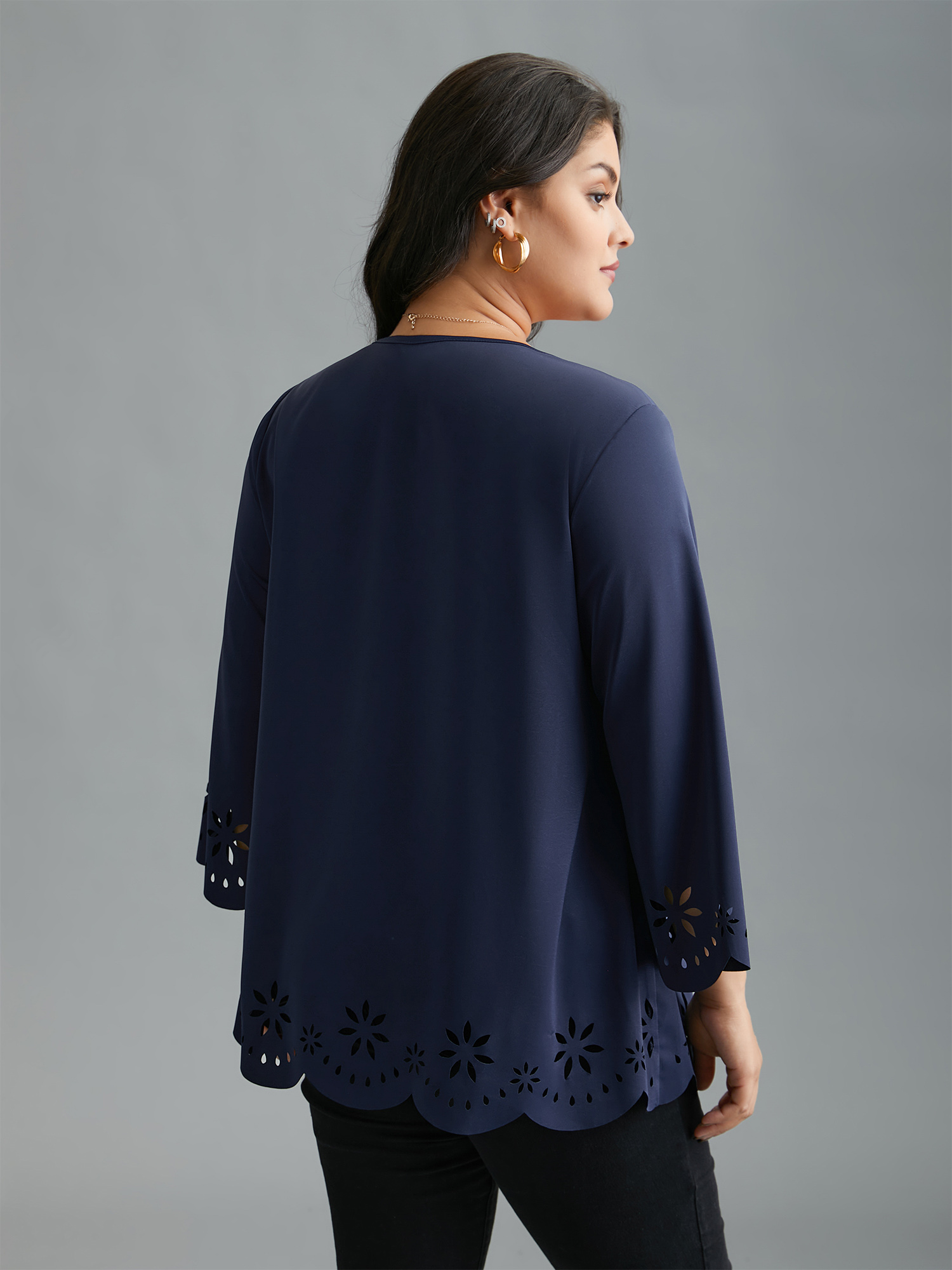 Plus Size Indigo Laser Cut Design V-Neck Blouse Women At the Office Three Quater Length Sleeve V-neck Work Blouses BloomChic 14-16/1X 