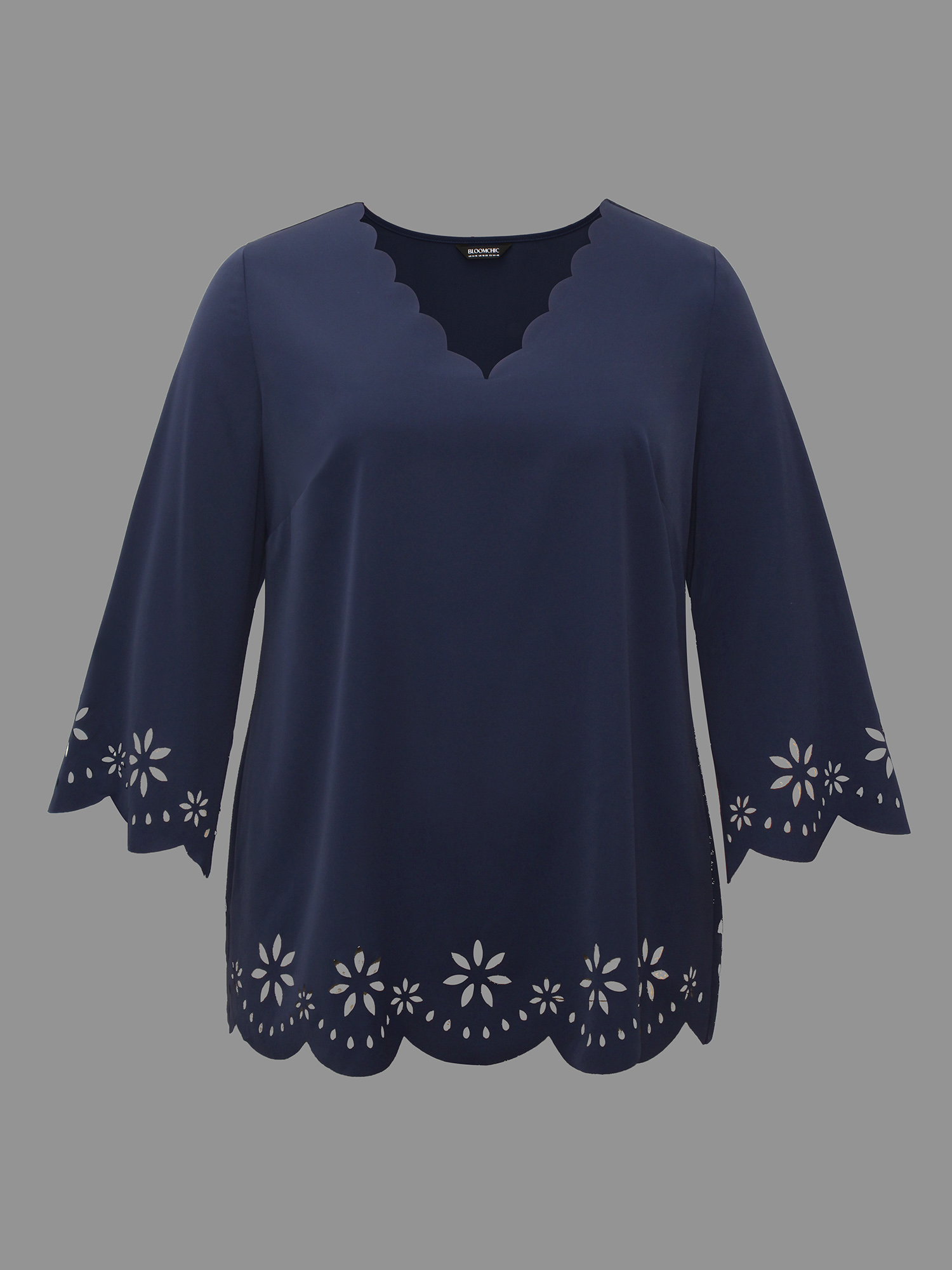 Plus Size Indigo Laser Cut Design V-Neck Blouse Women At the Office Three Quater Length Sleeve V-neck Work Blouses BloomChic 14-16/1X 