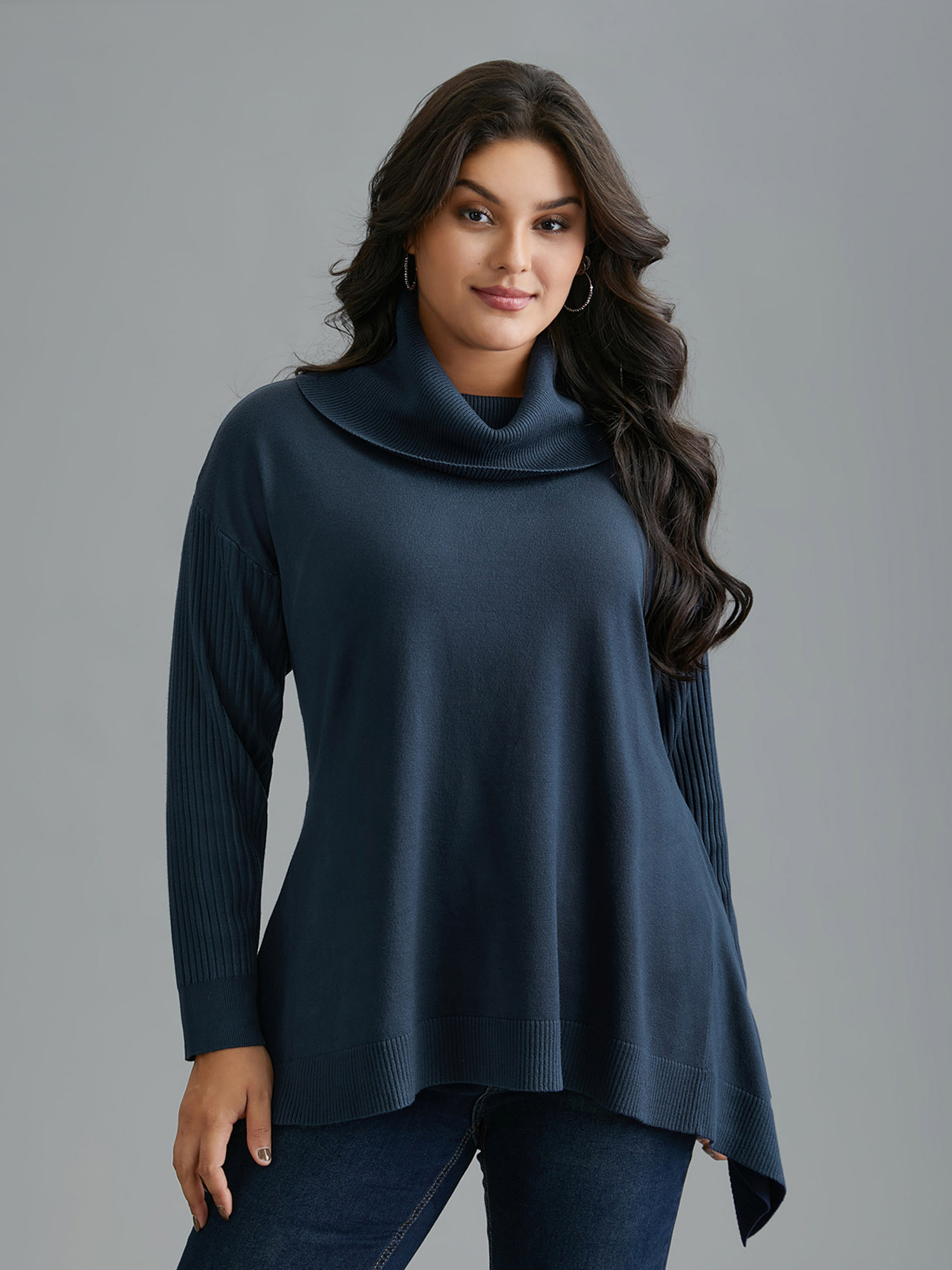 

Plus Size Supersoft Essentials Textured Drop Shoulder Turtleneck Pullover Indigo Women Casual Loose Long Sleeve Turtleneck Everyday Pullovers BloomChic