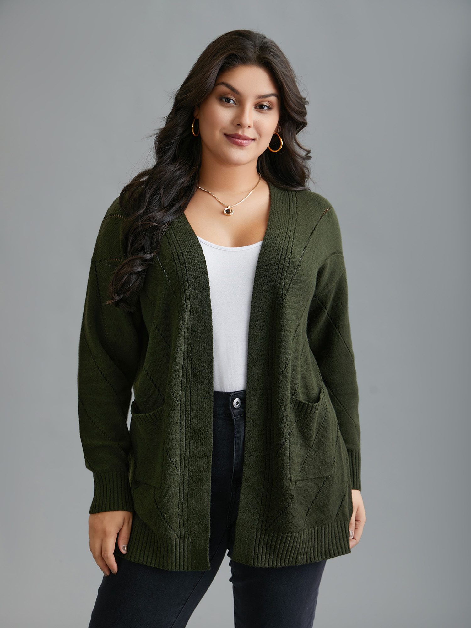 

Plus Size Cable Knit Open-Front Pocket Knit Cardigan ArmyGreen Women Casual Loose Long Sleeve Everyday Cardigans BloomChic