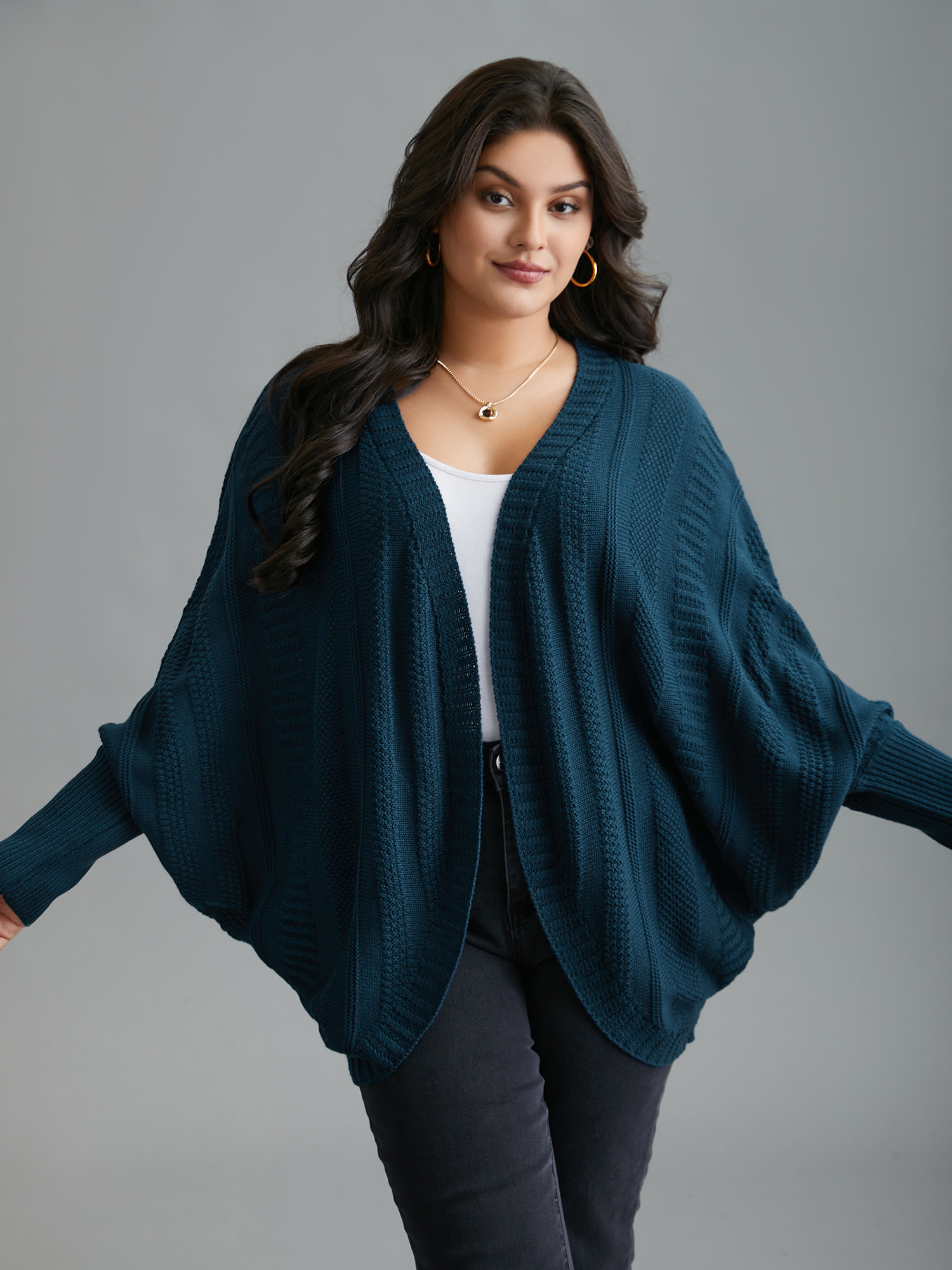 

Plus Size Curvy Ribbed Hem Cocoon Knit Cardigan Cyan Women Casual Loose Long Sleeve Everyday Cardigans BloomChic